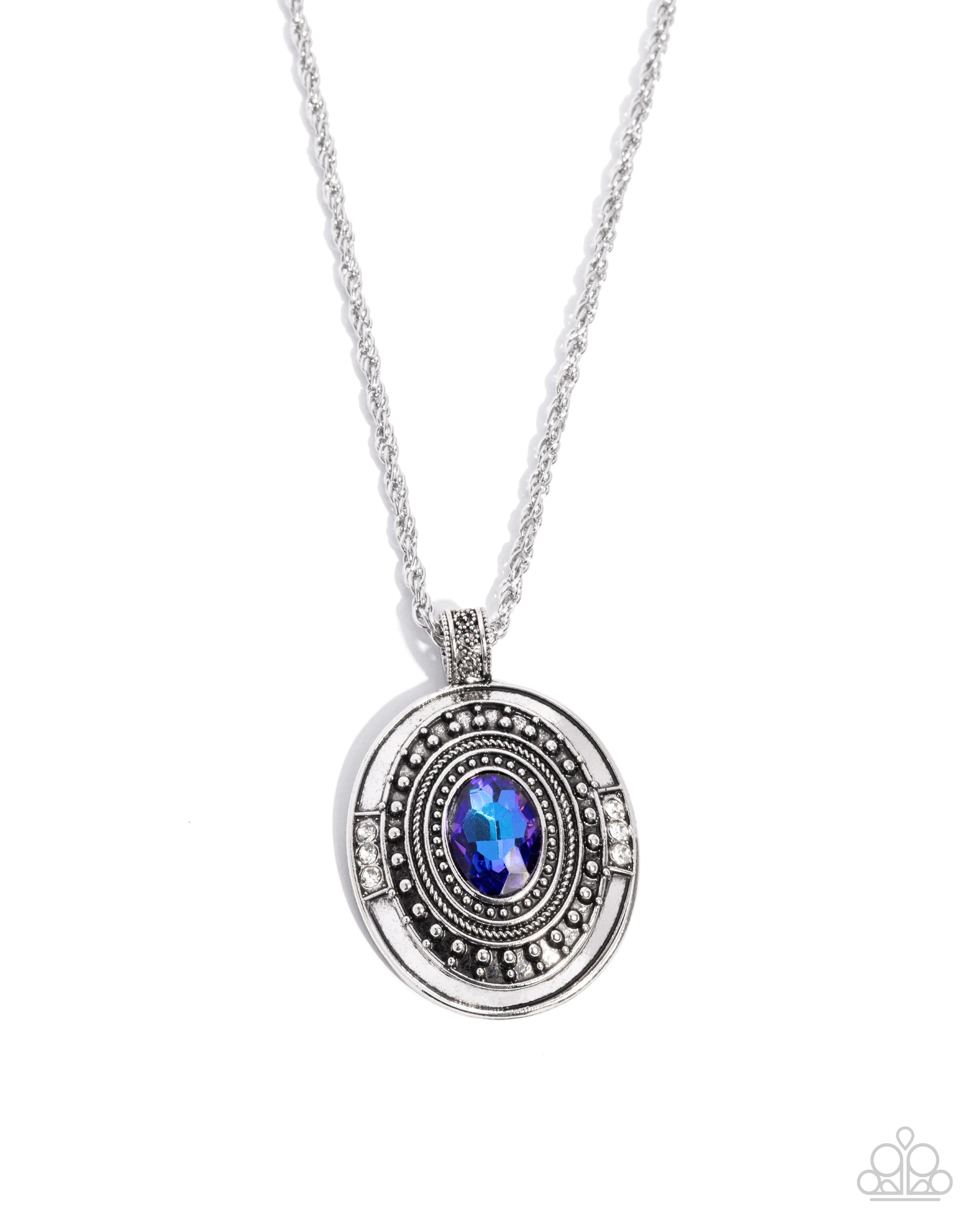 Silver necklace with a round pendant featuring a blue gemstone on a white background