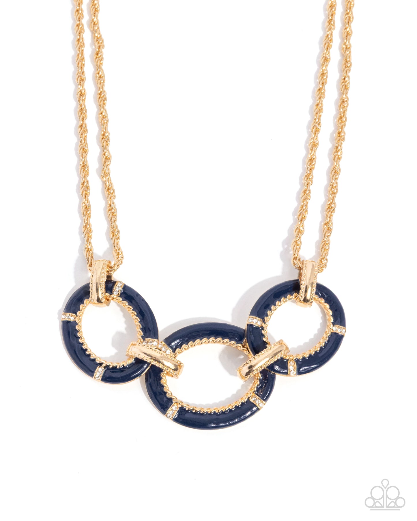 Necklace with blue and gold circular links on a white background