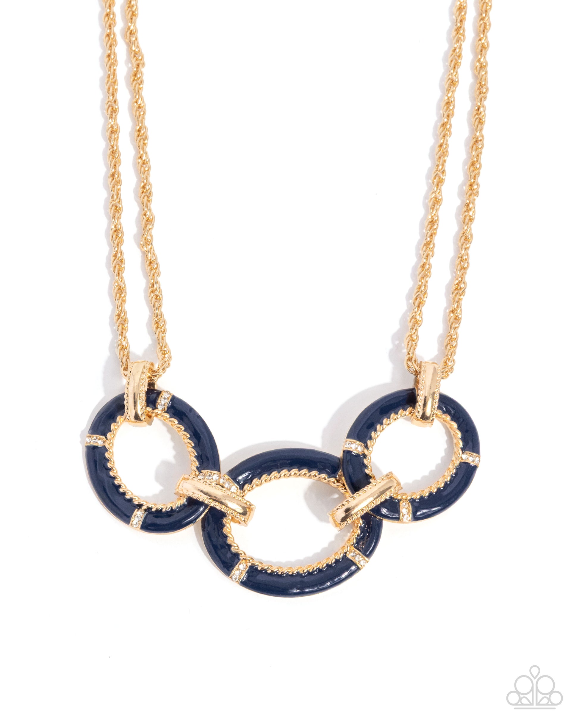 Necklace with blue and gold circular links on a white background
