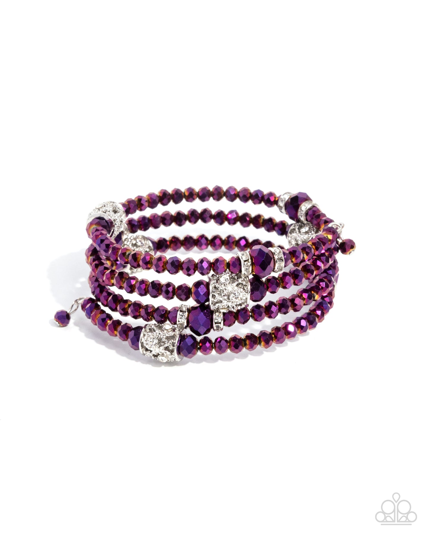 Purple beaded bracelet with heart charms on a white background