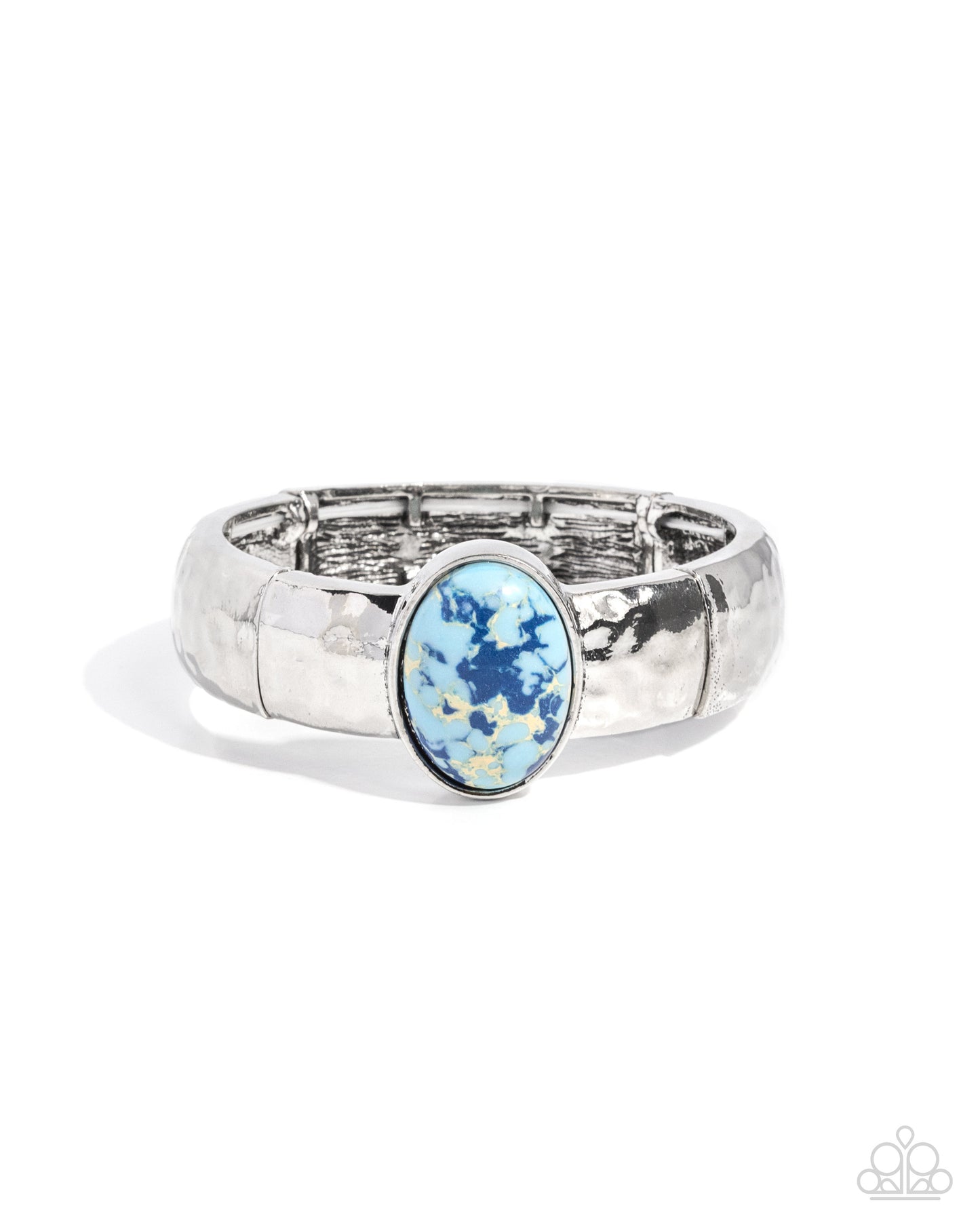 Silver ring with a blue gemstone on a white background