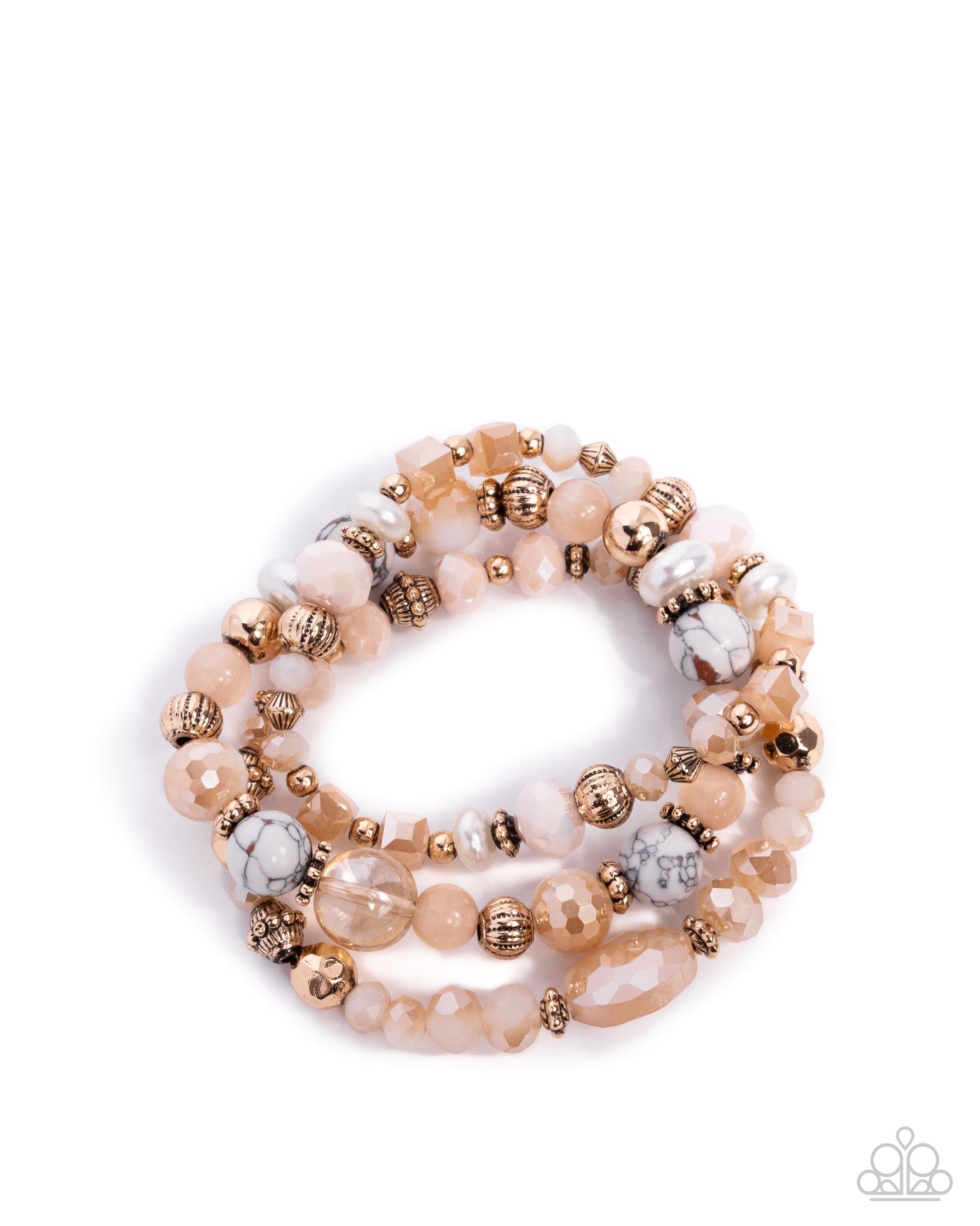 Set of three beaded bracelets with gold and beige beads on a white background