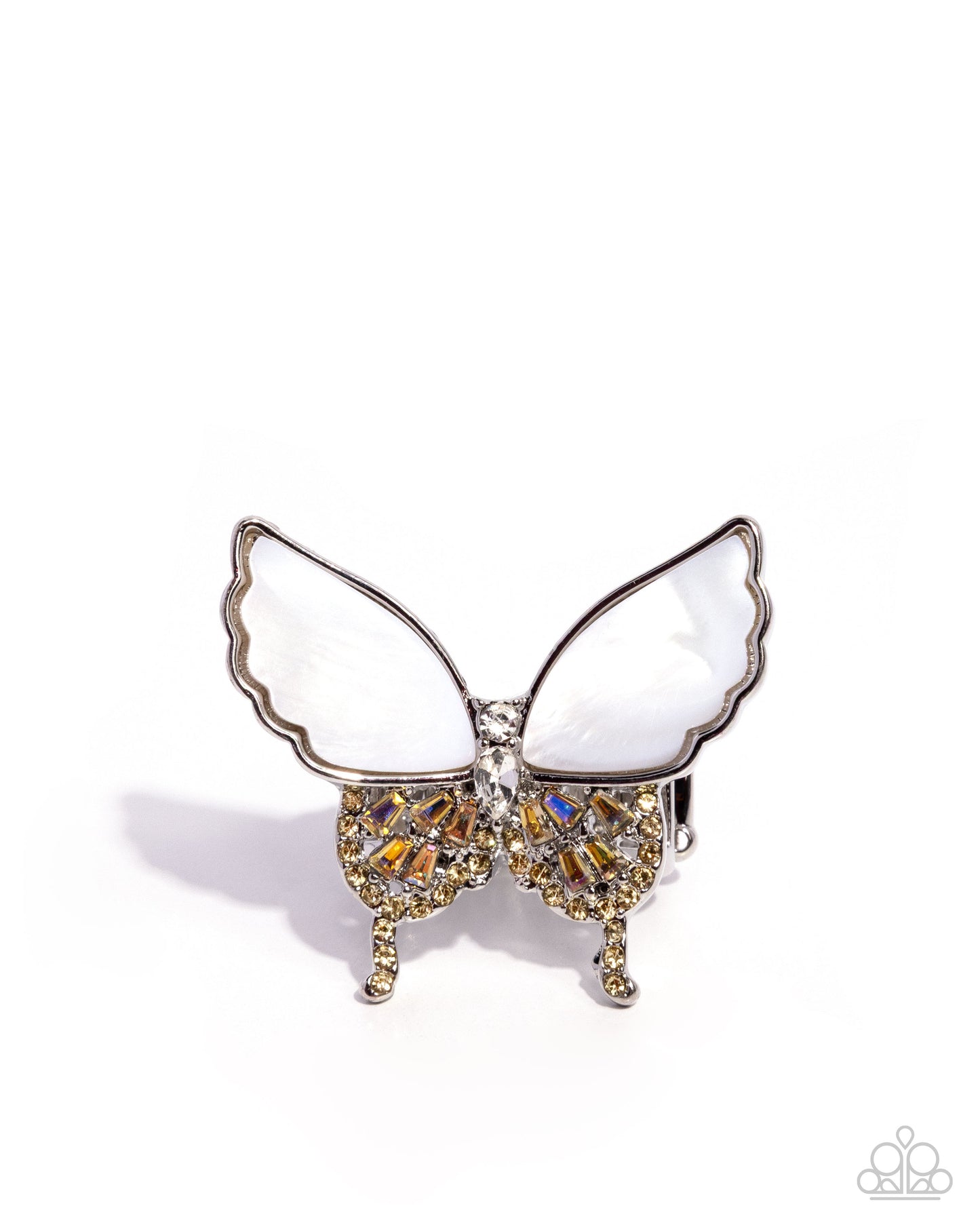 Butterfly-shaped brooch with white wings and gold and brown accents on a white background