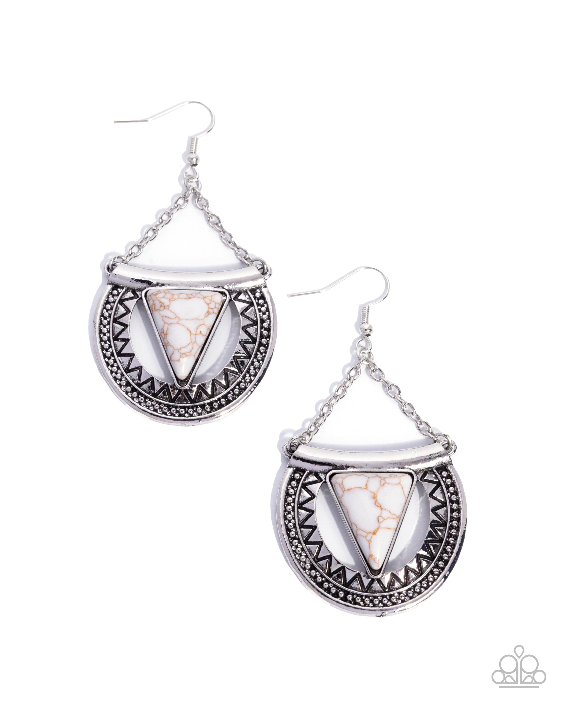 Pair of silver earrings with triangular stone design on a white background