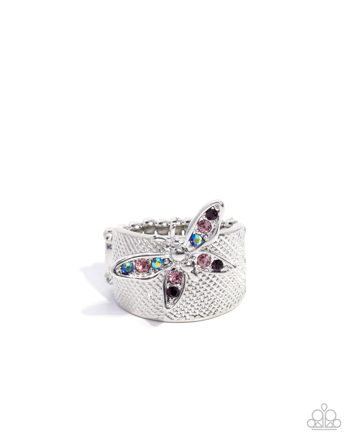 Silver ring with colorful gemstones on a white background
