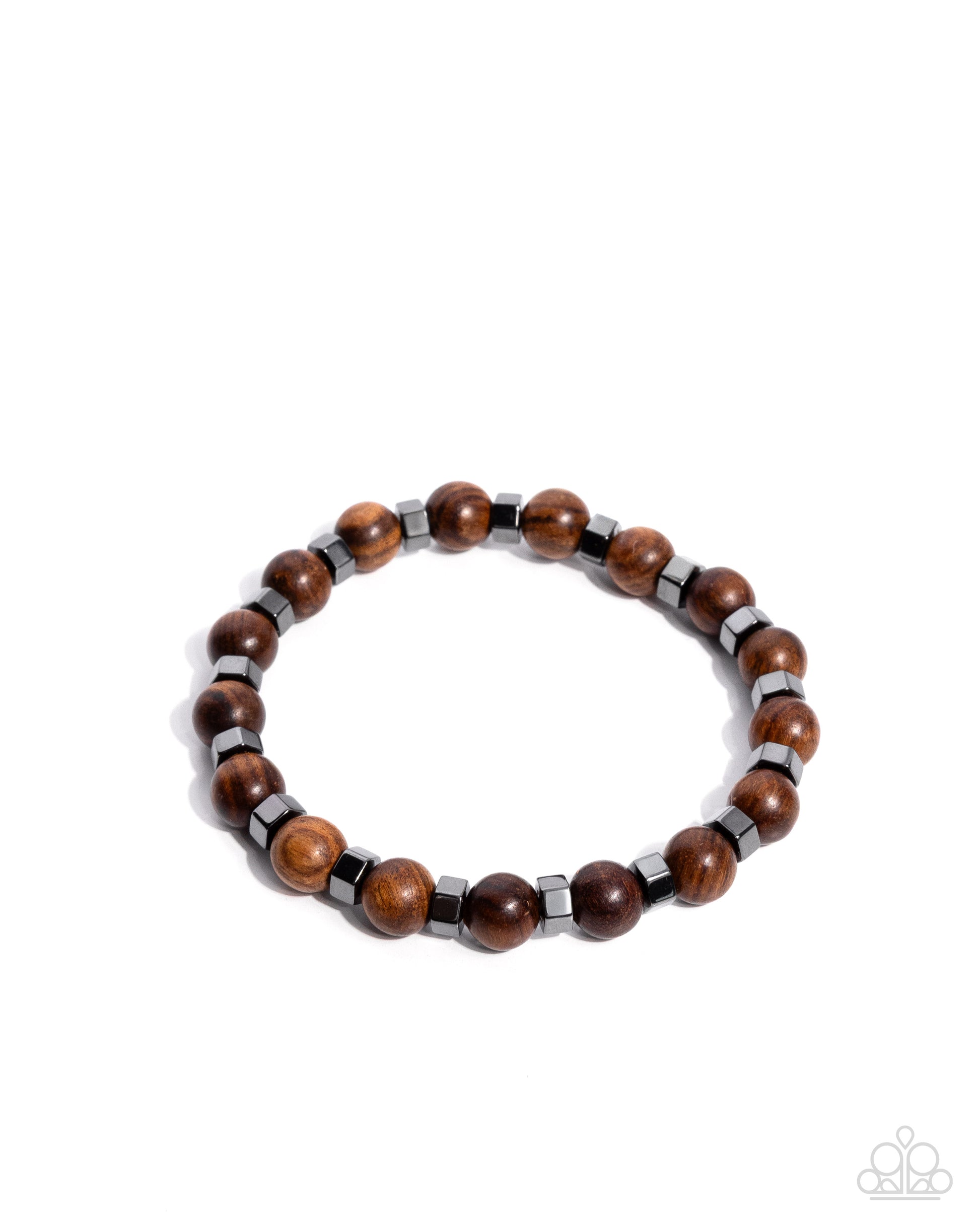 Wooden beaded bracelet with silver accents on a white background