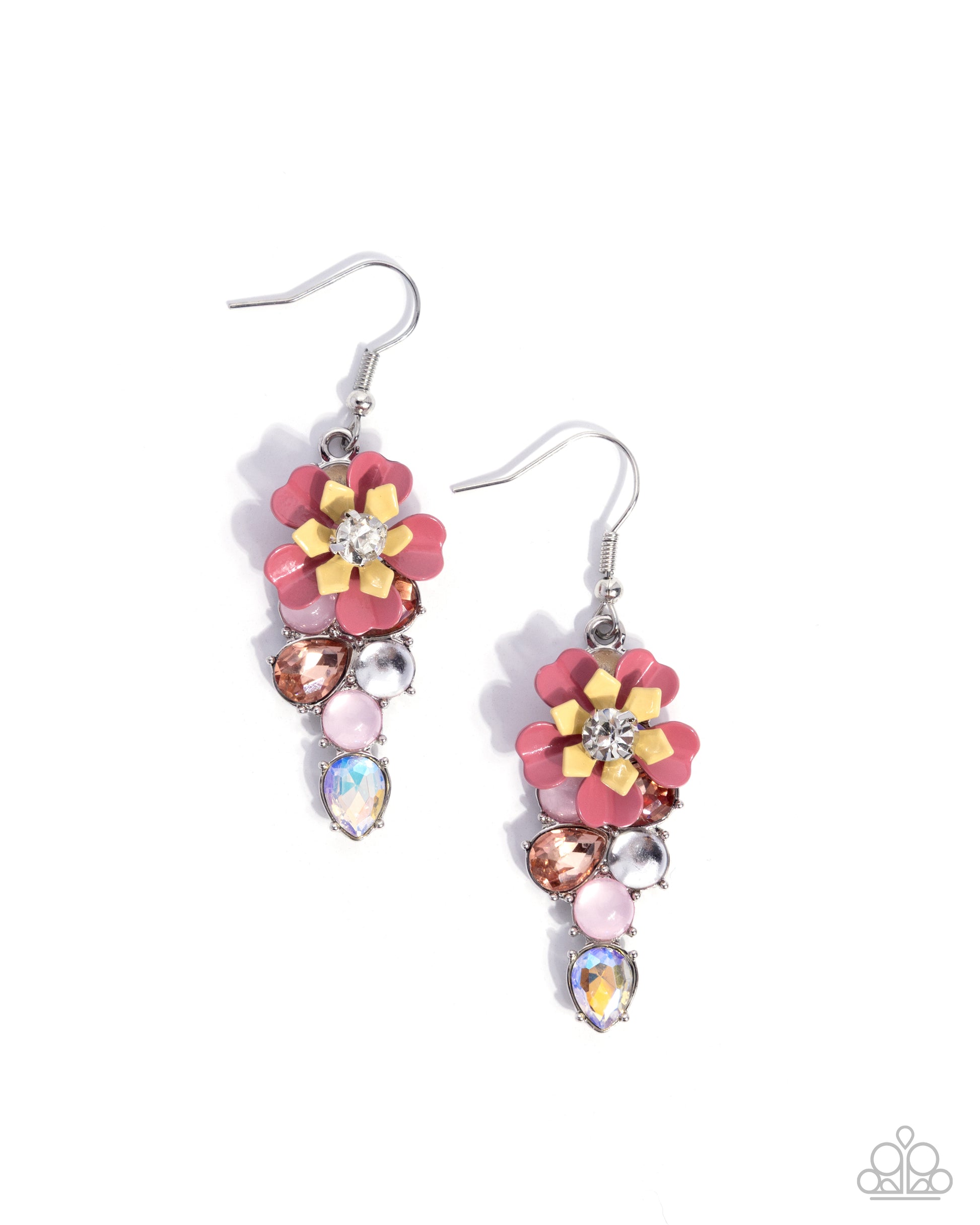 Pair of floral earrings with colorful gemstones on a white background