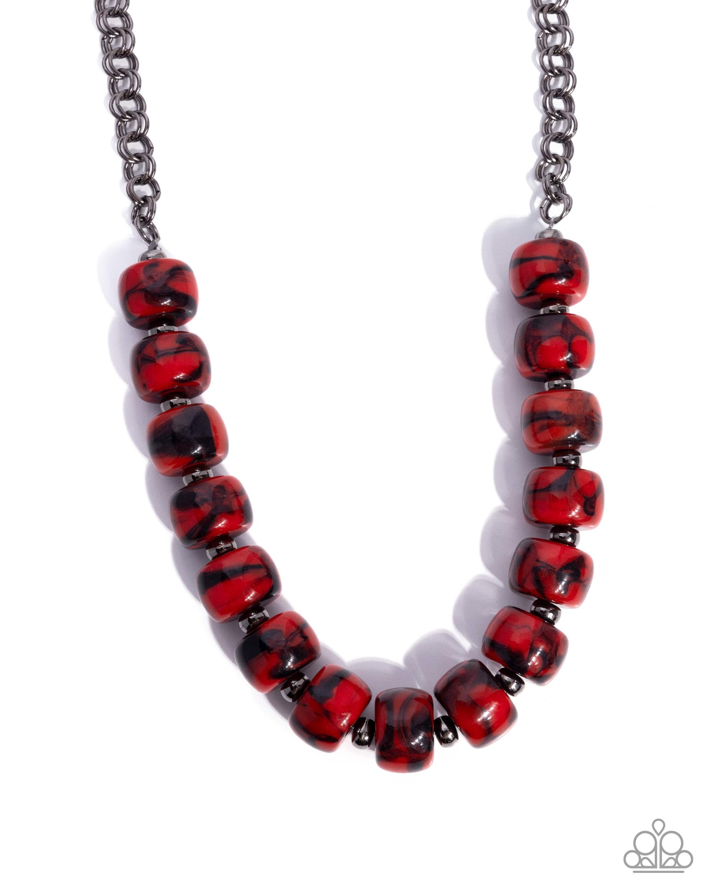 Necklace with red and black beaded strands on a white background