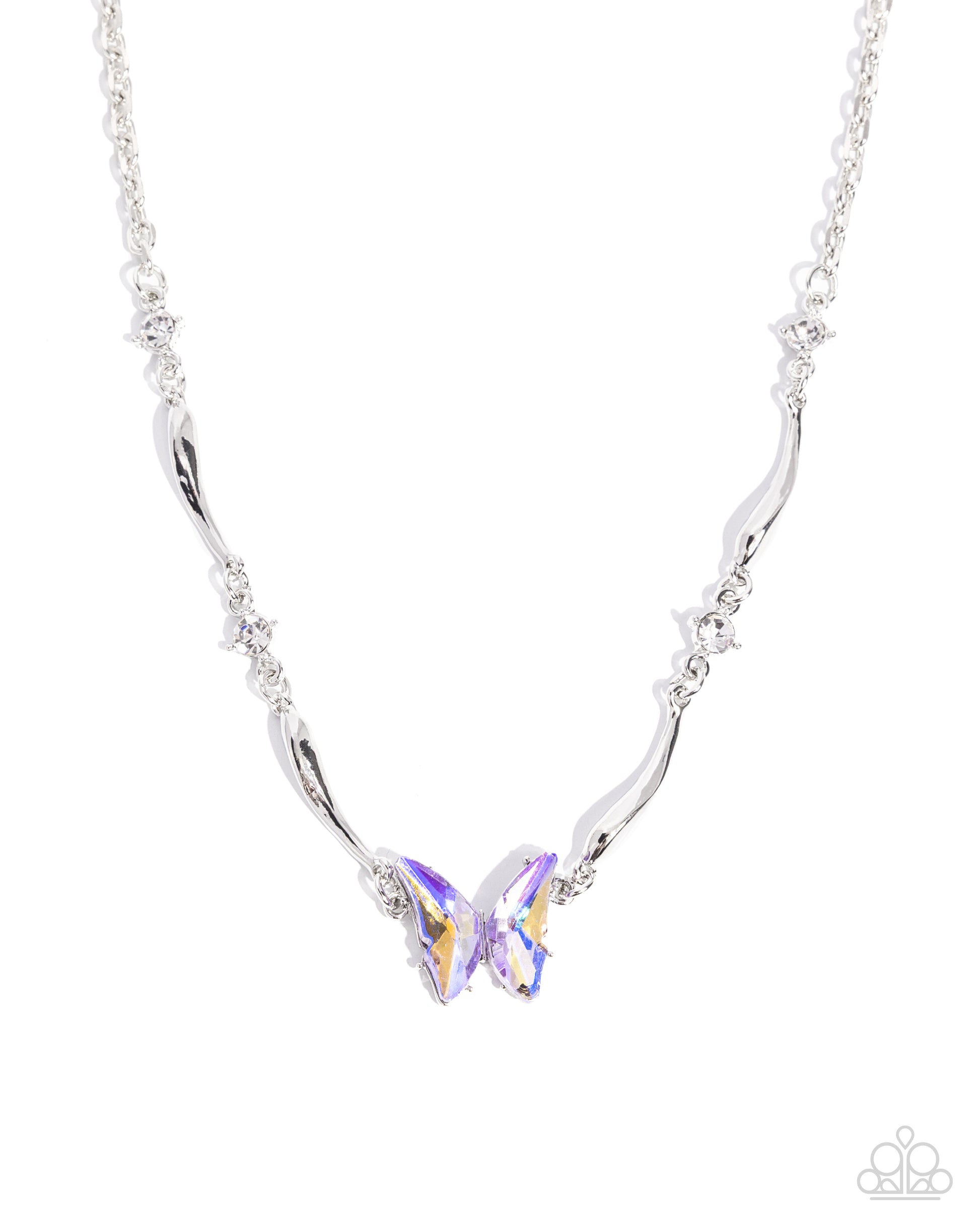 Butterfly-shaped pendant on a silver chain against a white background