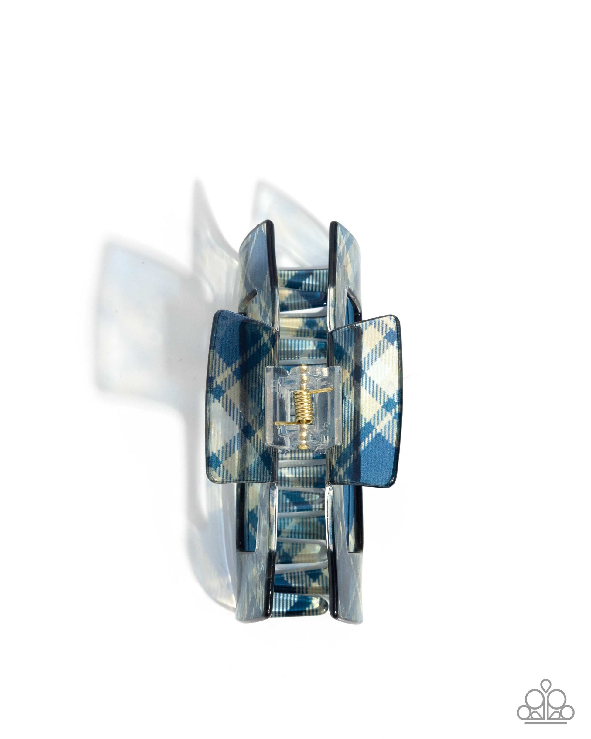 Decorative wall sconce with blue and white plaid design on a white background