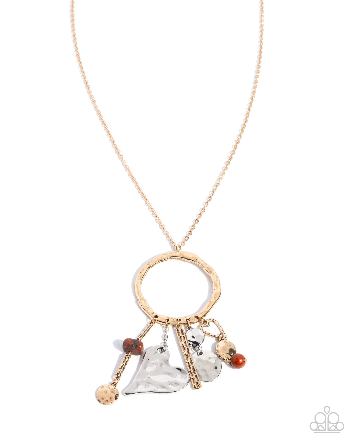 Necklace with gold ring and various charms on a white background