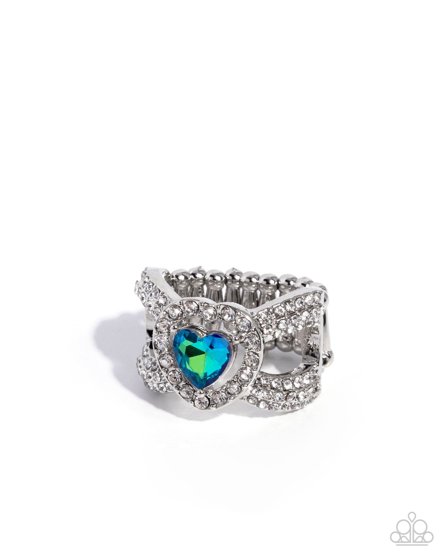 Silver ring with a heart-shaped gem on a white background