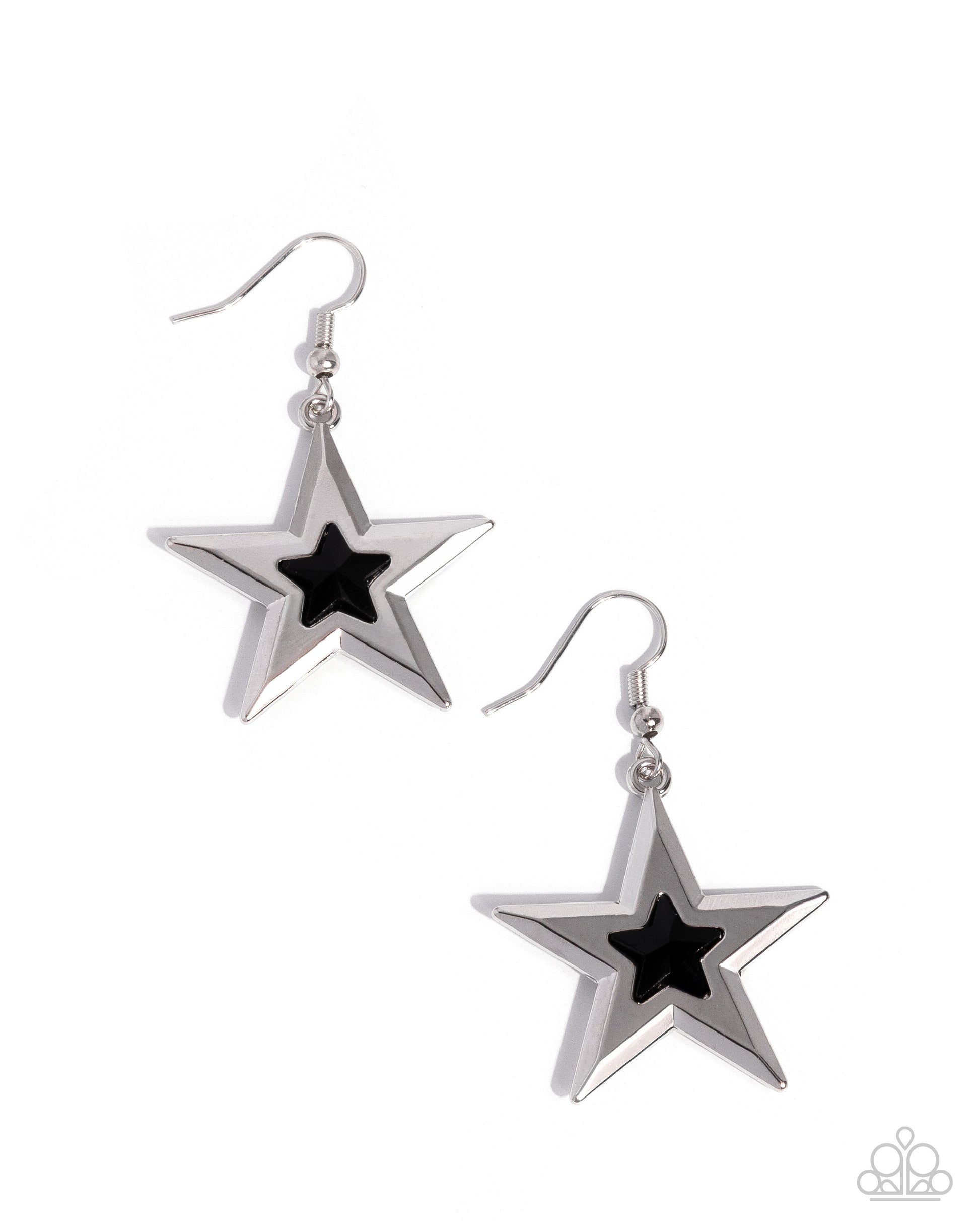Star-shaped earrings with black centers on a white background