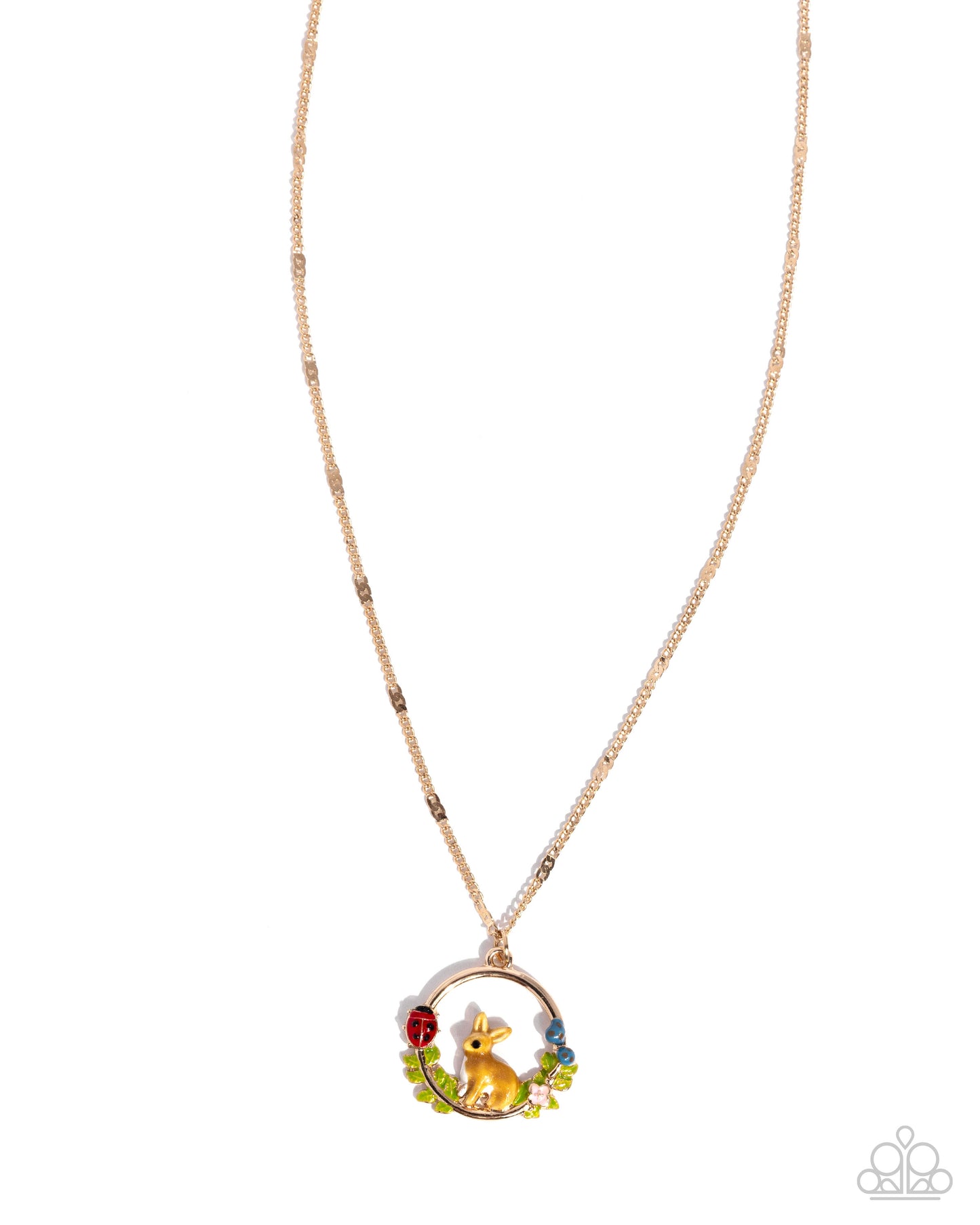 Necklace with a colorful pendant featuring a rabbit and flowers on a white background