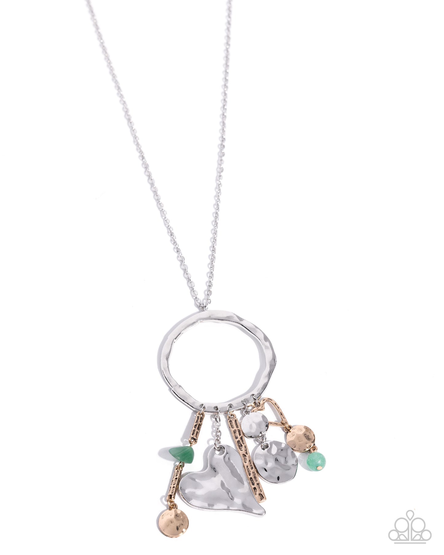 Necklace with various charms on a white background