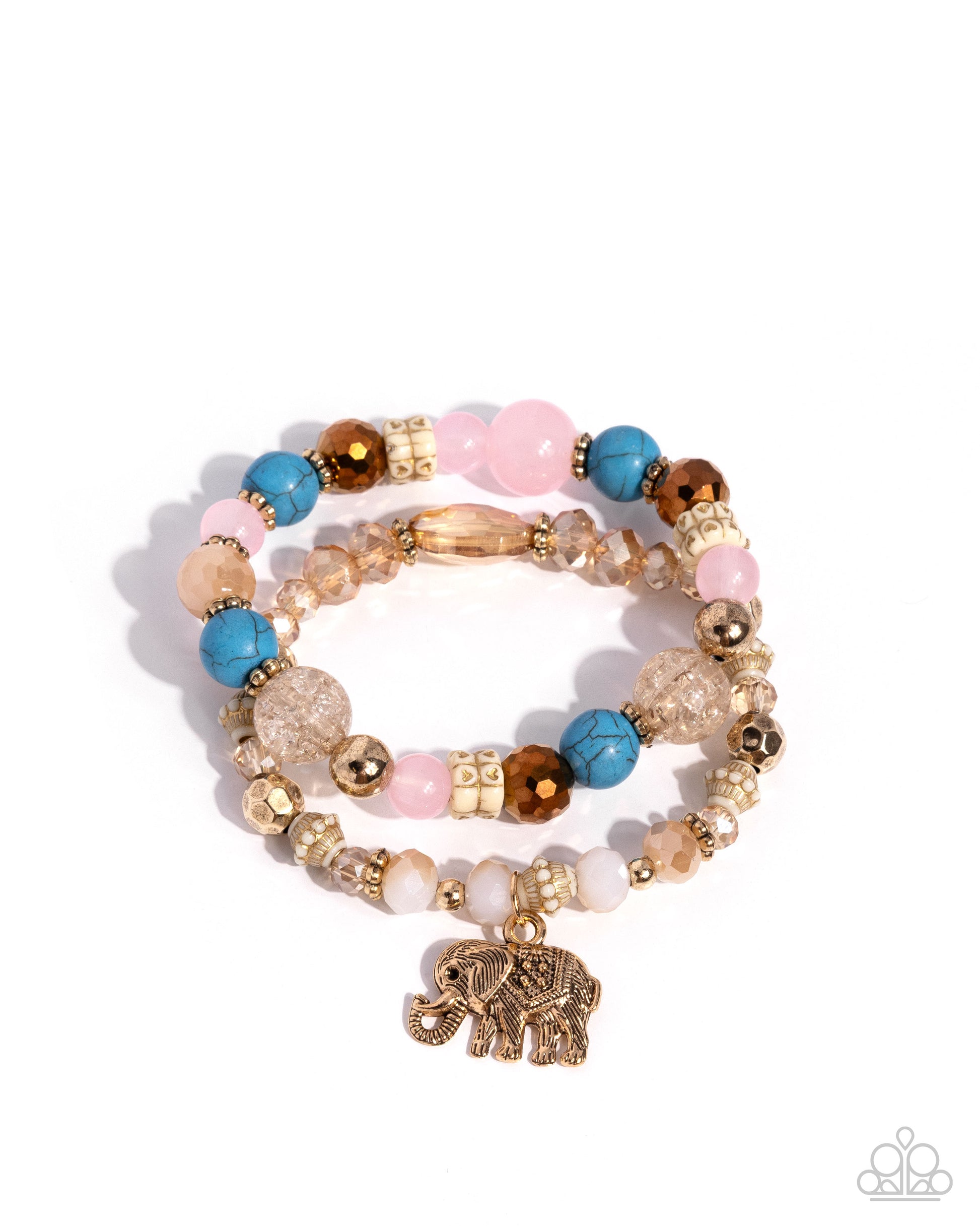 Multicolored beaded bracelet with gold elephant charm on a white background
