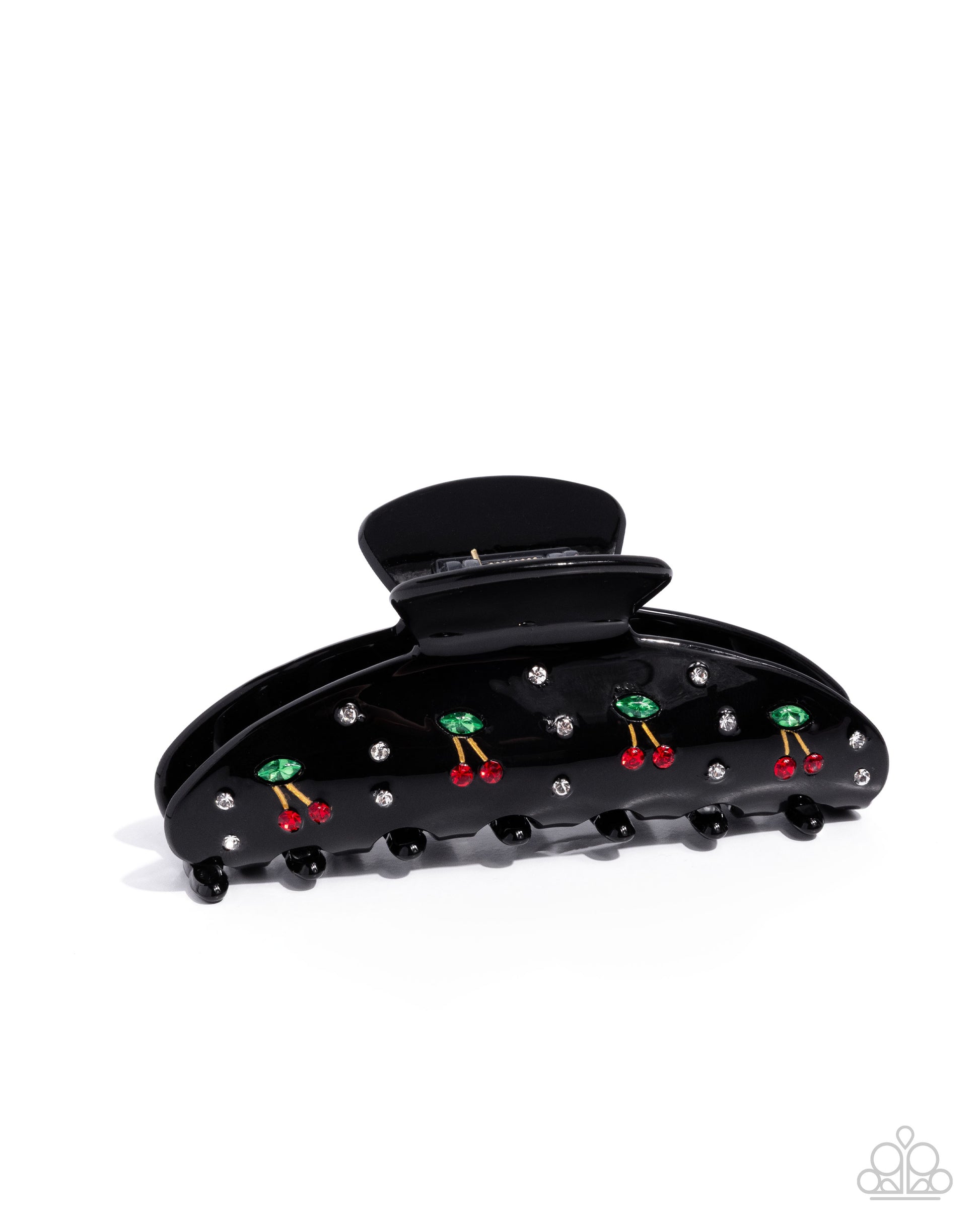 Black hair clip with colorful gemstones on a white background