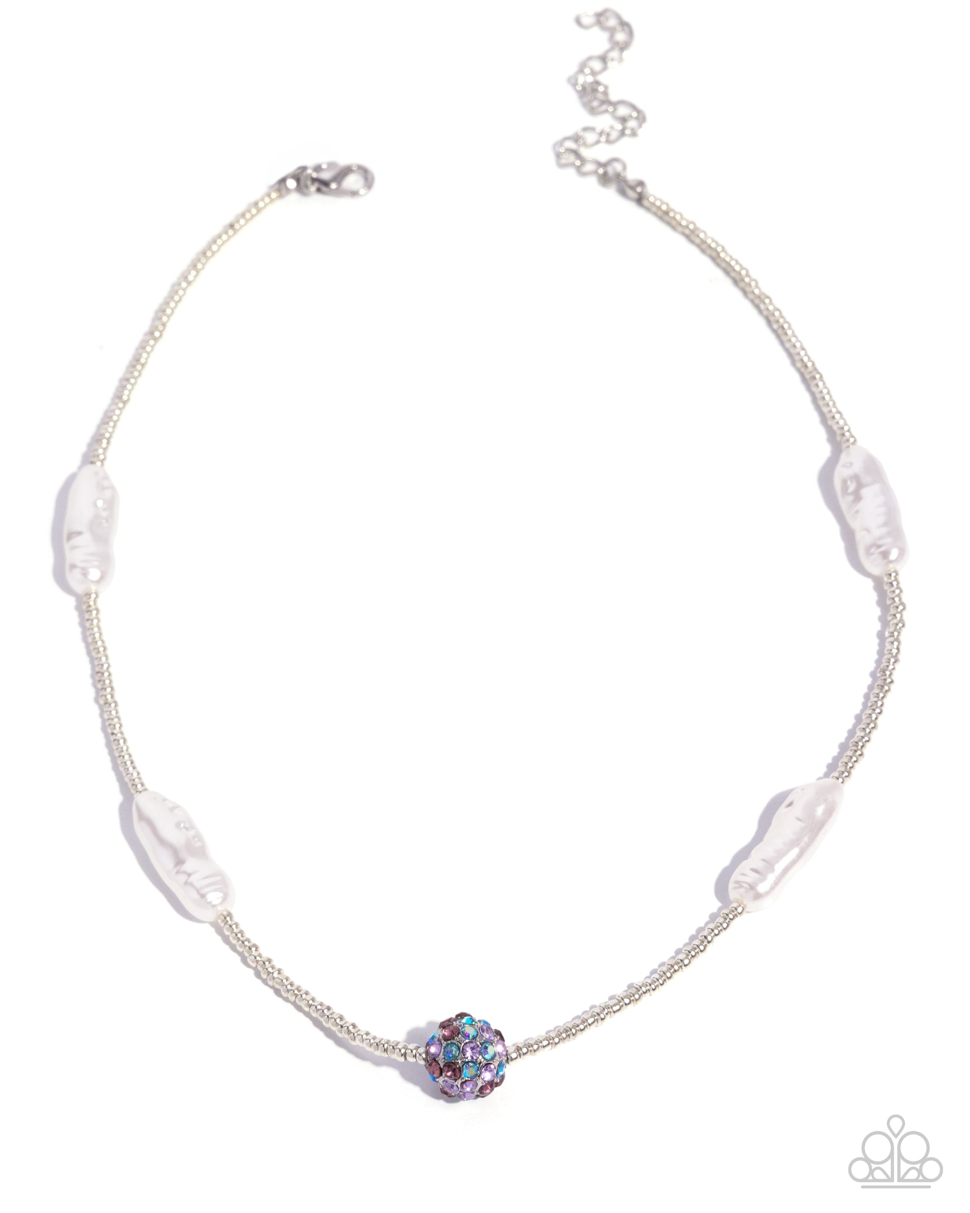 Necklace with a central multicolored bead and white beads on a white background
