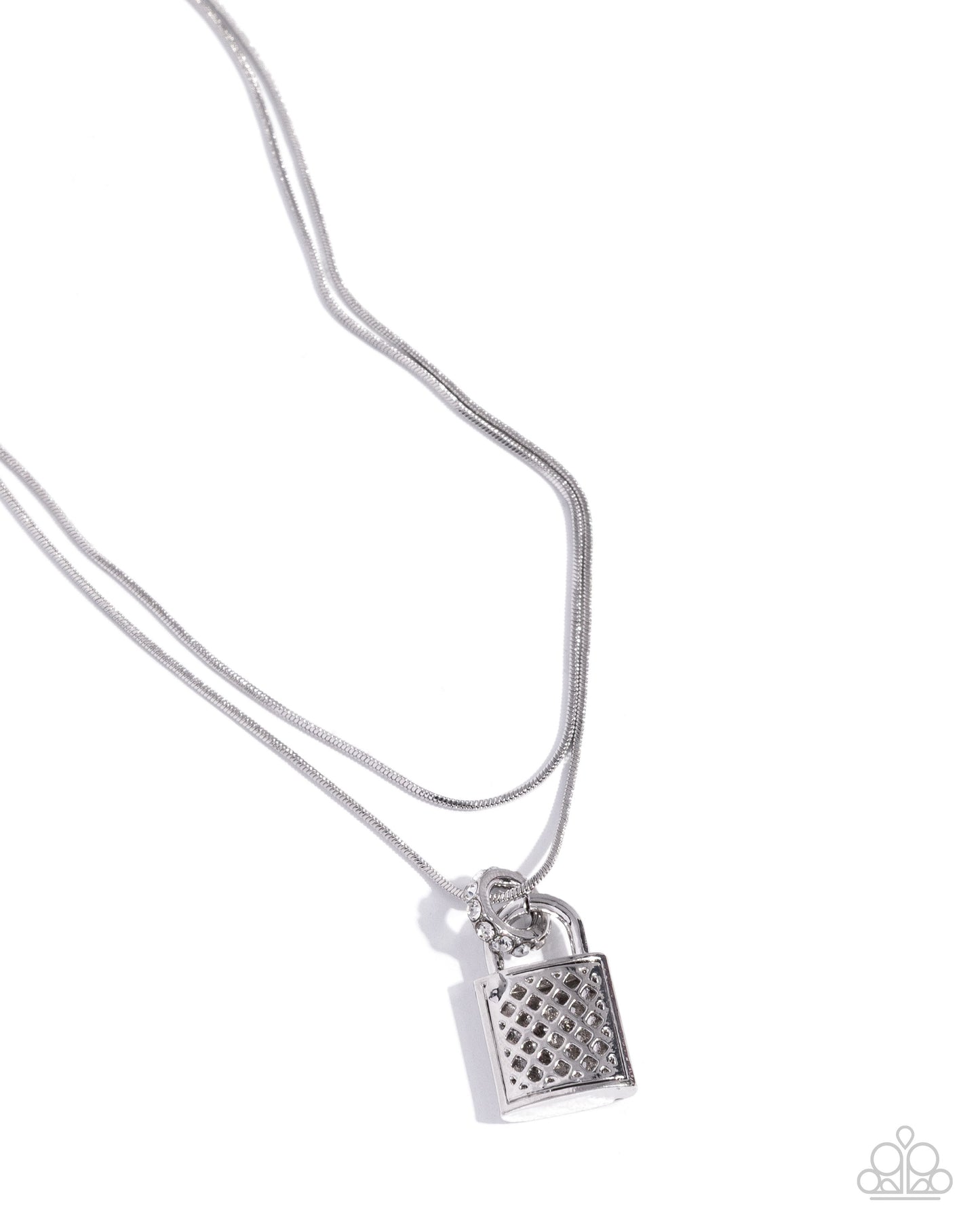 A silver necklace featuring a textured padlock pendant on a delicate chain, photographed against a clean white background with a Paparazzi logo watermark in the bottom right corner.