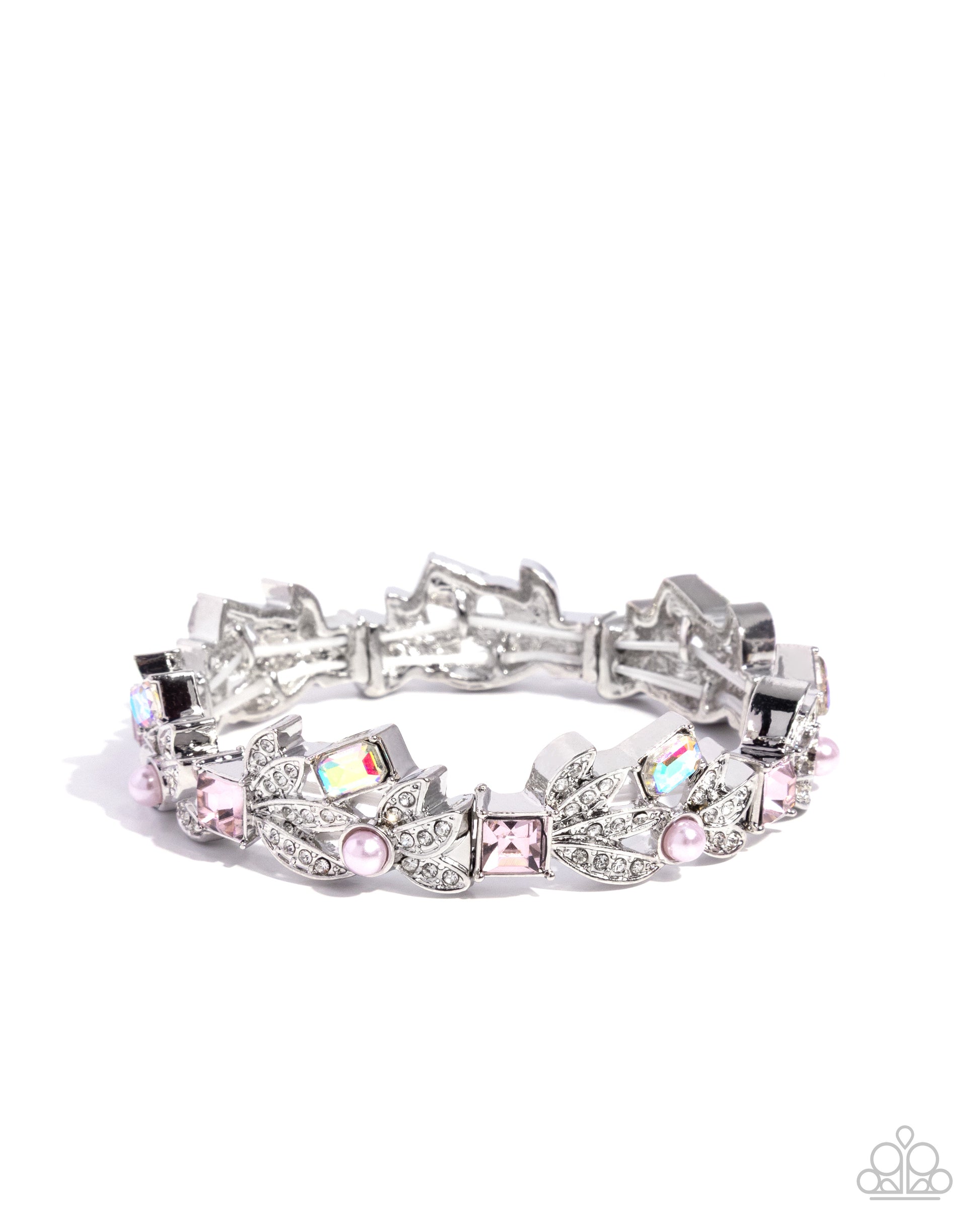 Silver bracelet with pink and clear gemstones on a white background