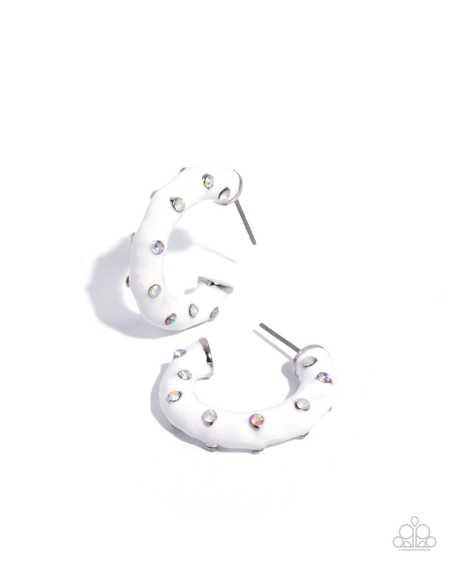 White hoop earrings with small embellishments on a white background