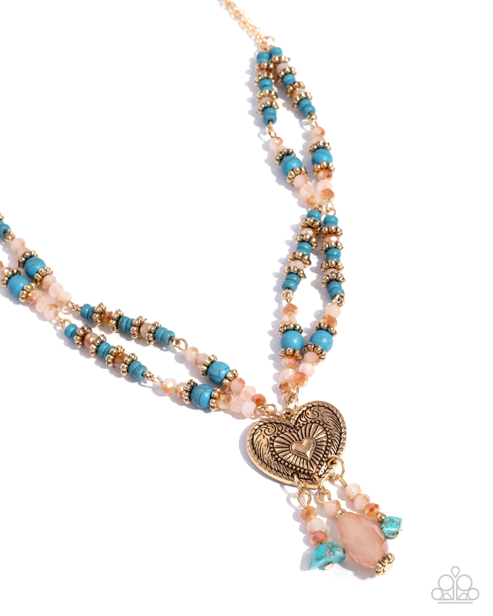 Necklace with blue, pink, and gold beads on a white background