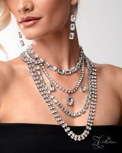 Close-up of a woman wearing a sparkling necklace and earrings with 'Z Collection' branding.