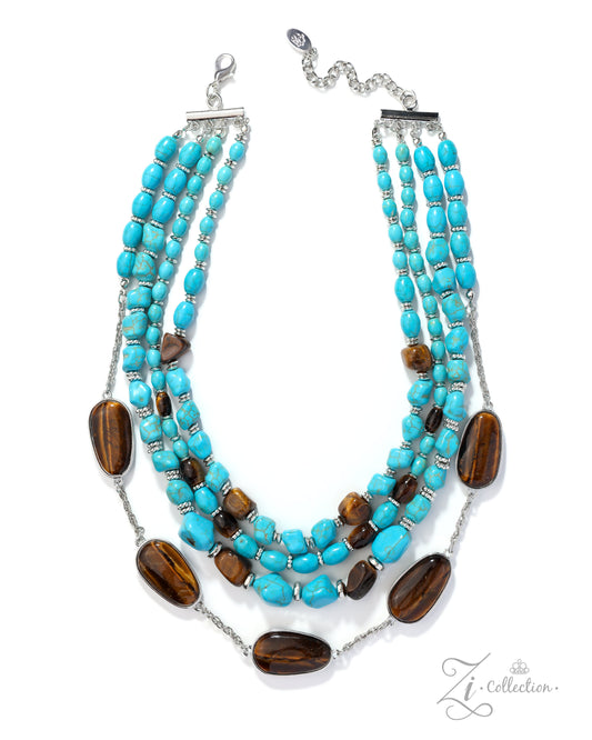 Multistrand necklace with turquoise and brown beads on a white background