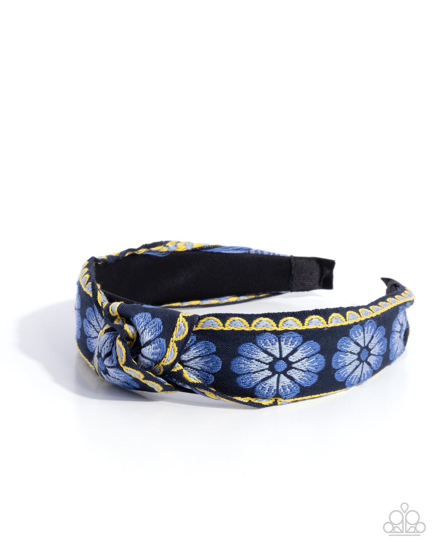 Navy floral headband with gold accents on a white background