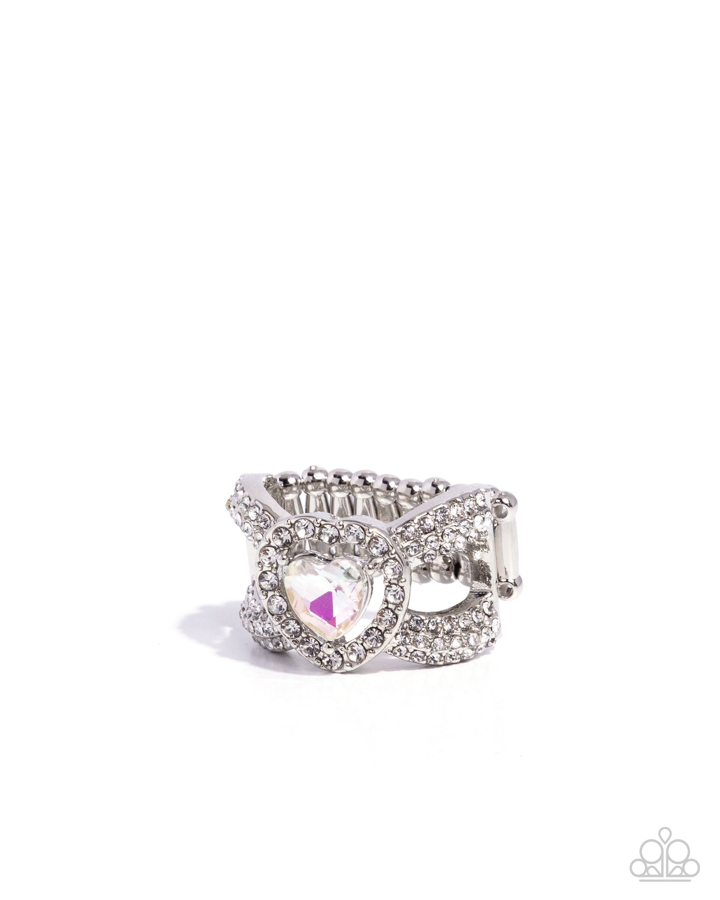 Silver ring with a heart-shaped gem on a white background