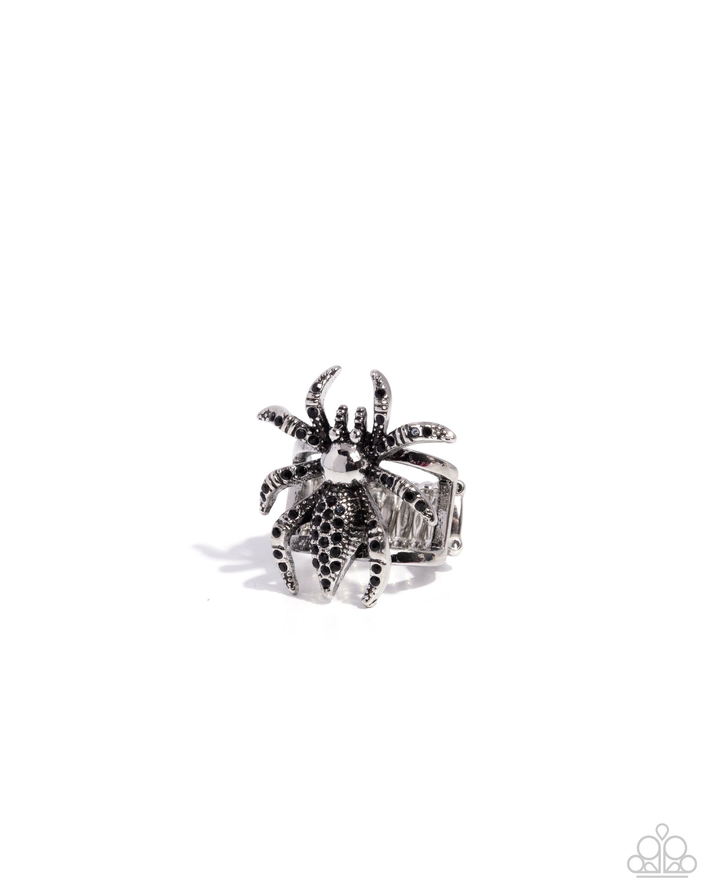 Silver spider ring with black gemstones on a white background