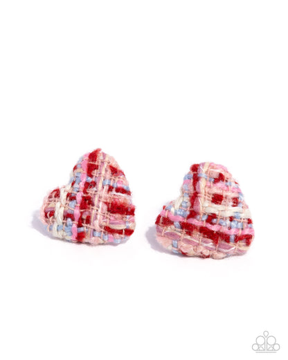 Heart-shaped earrings with plaid pattern on a white background