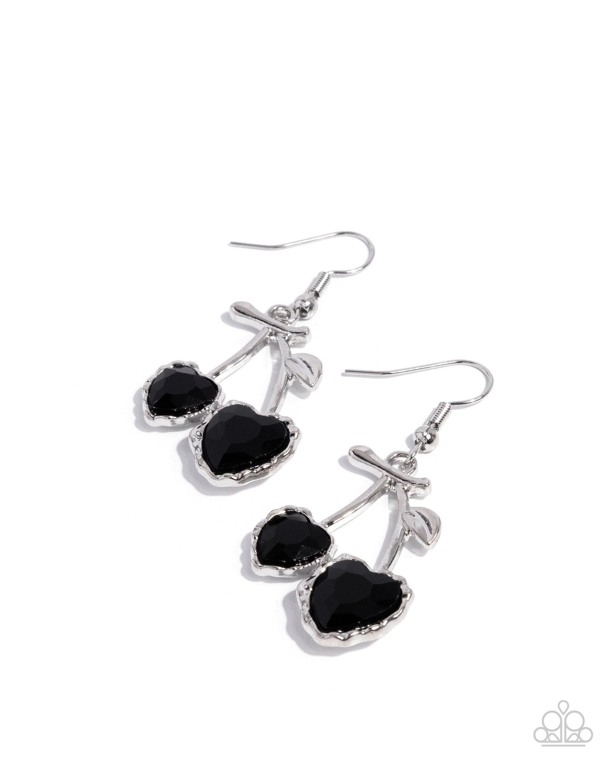 Pair of black heart-shaped earrings with silver crosses on a white background