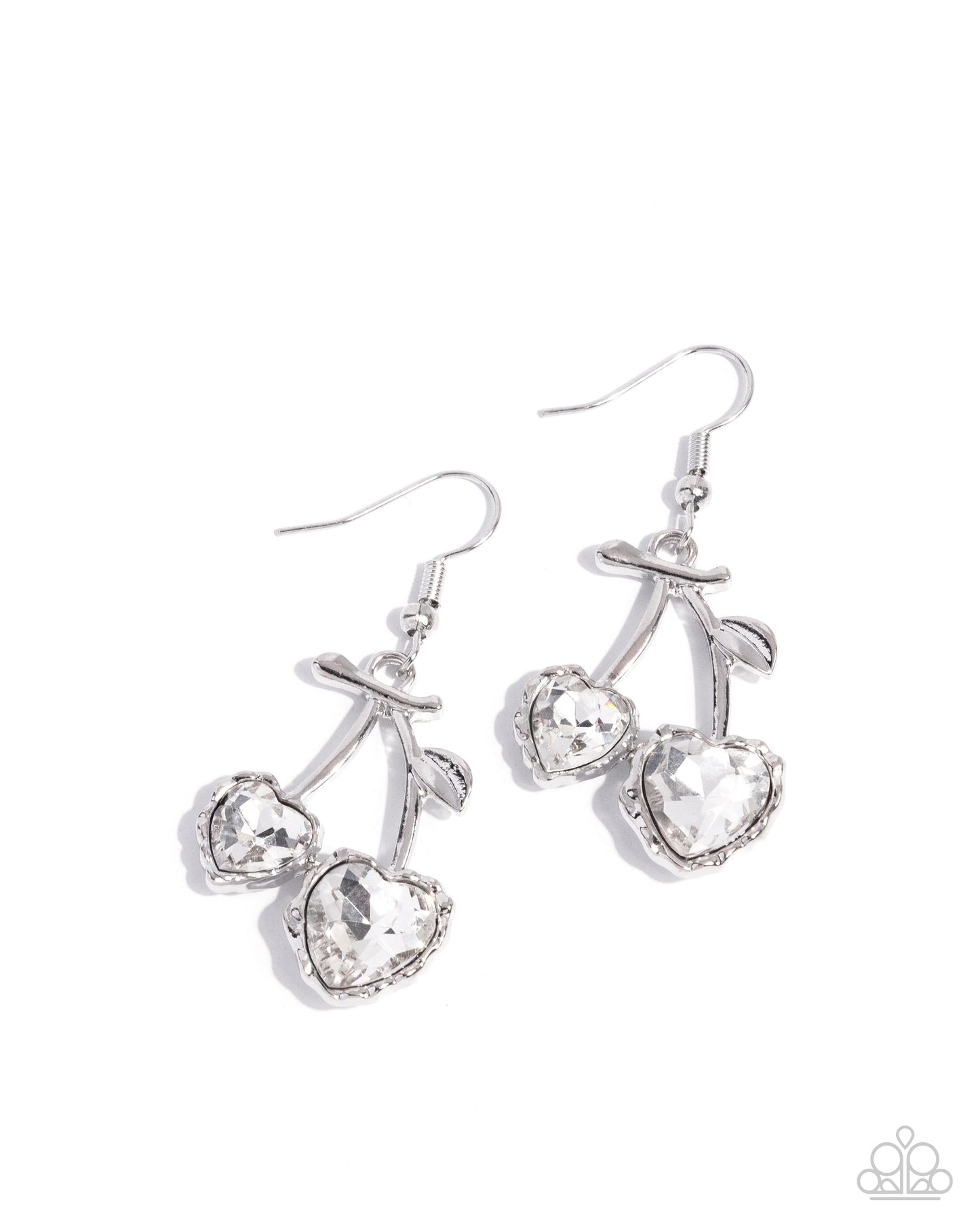 Silver earrings with heart-shaped gemstones on a white background