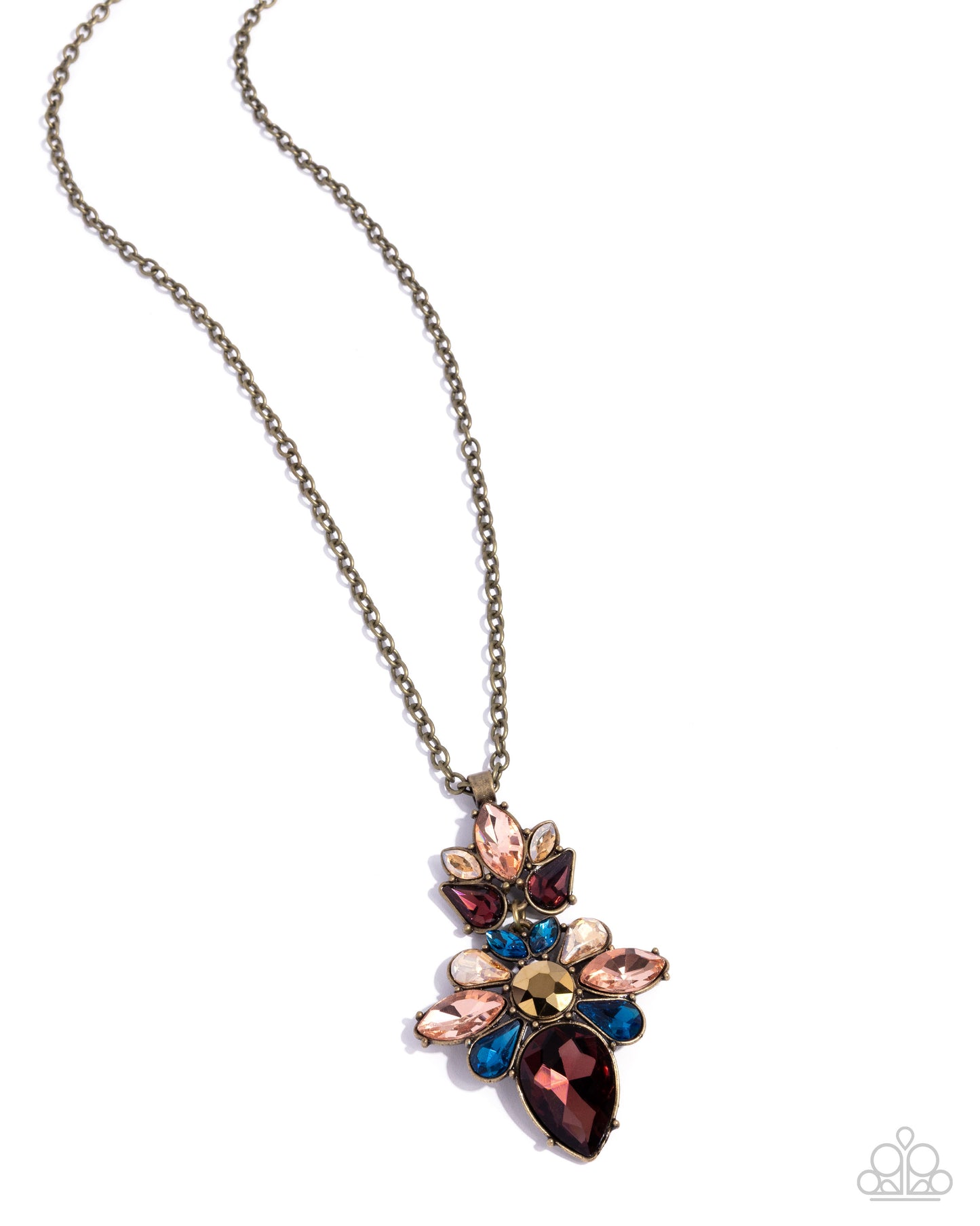 Necklace with multicolored gemstone pendant on a white background