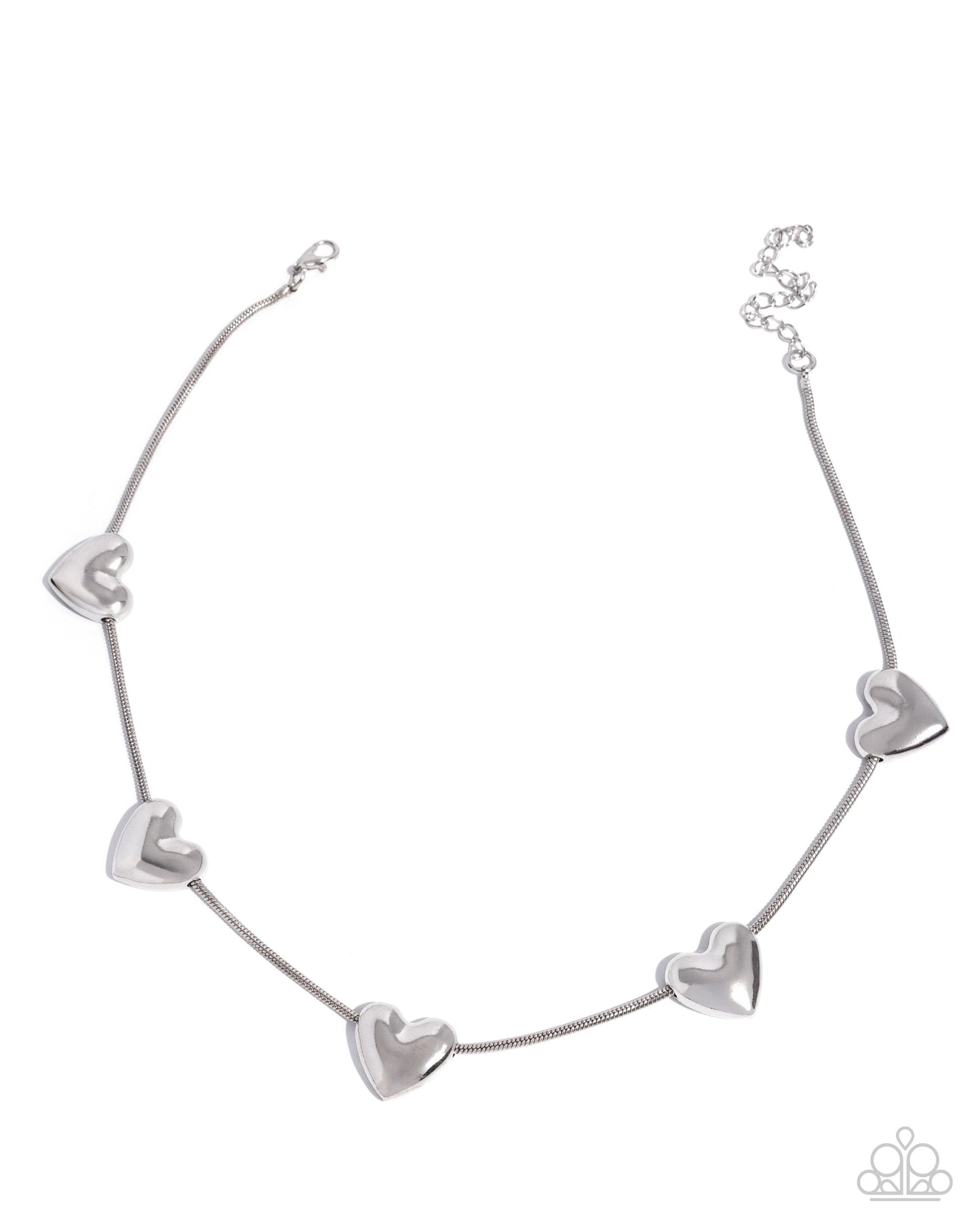 A silver chain necklace featuring five polished heart-shaped charms spaced along the chain, displayed on a clean white background.