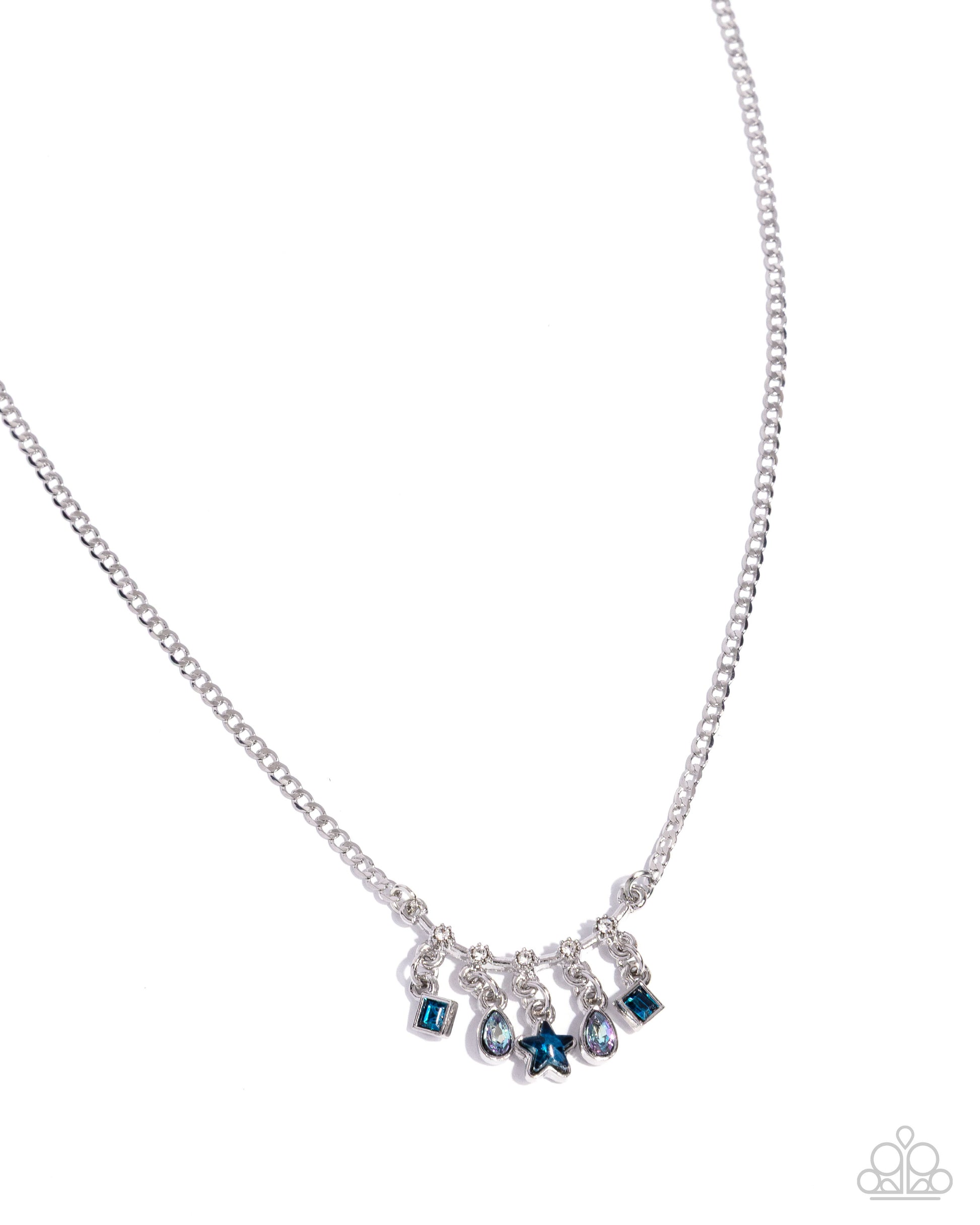 Silver necklace with blue gemstone charms on a white background