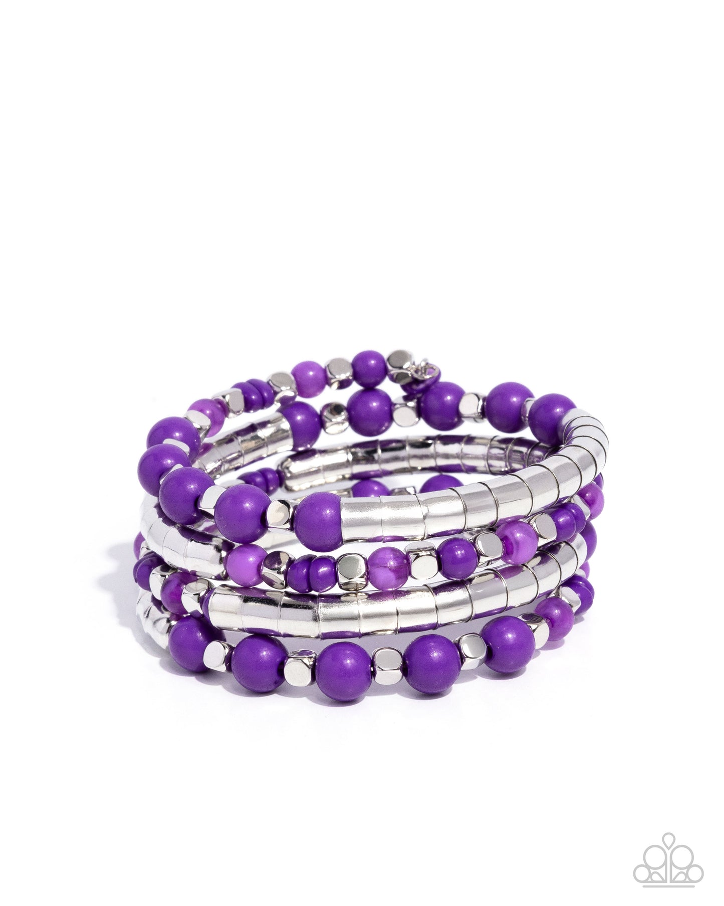 Set of purple beaded bracelets on a white background
