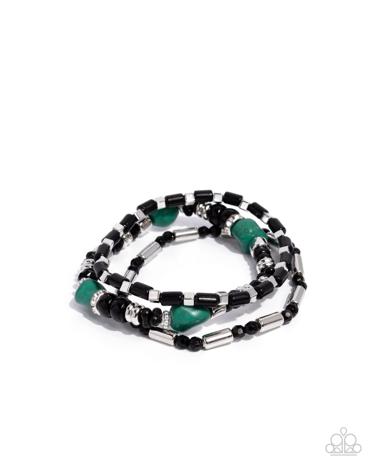 Multistrand bracelet with black, green, and silver beads on a white background