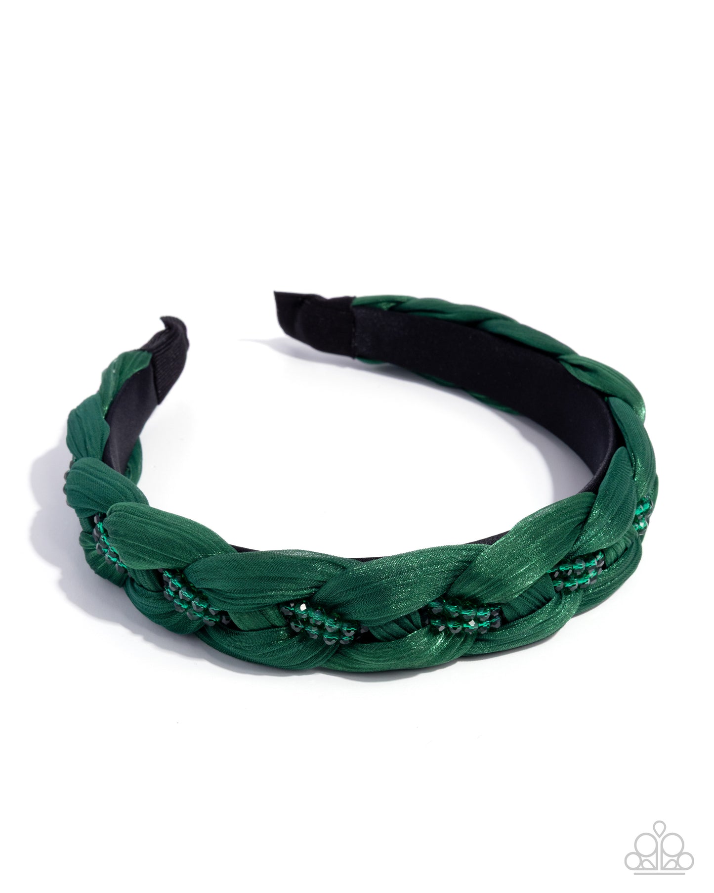 Green braided headband with decorative elements on a white background