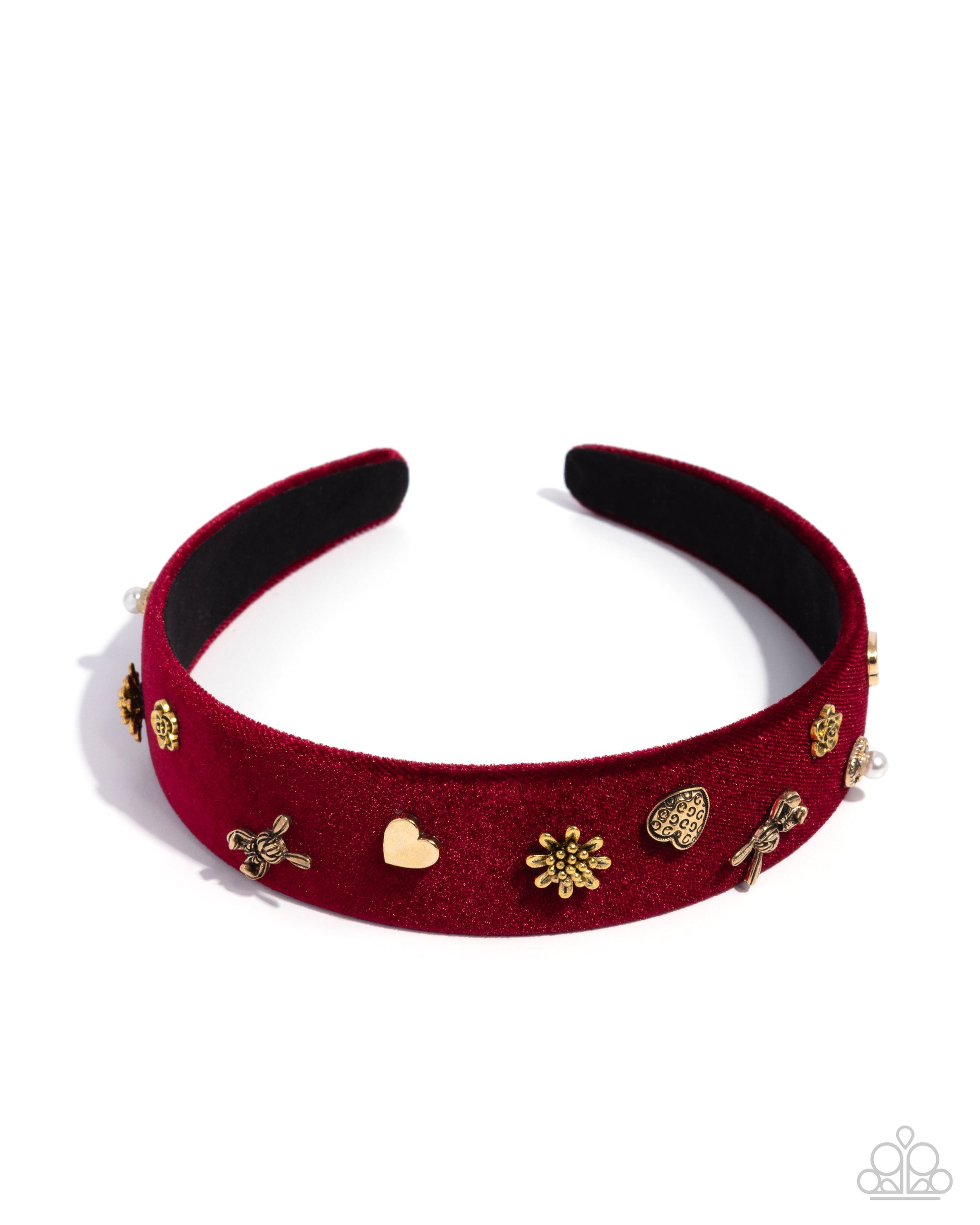 Red headband with gold embellishments on a white background