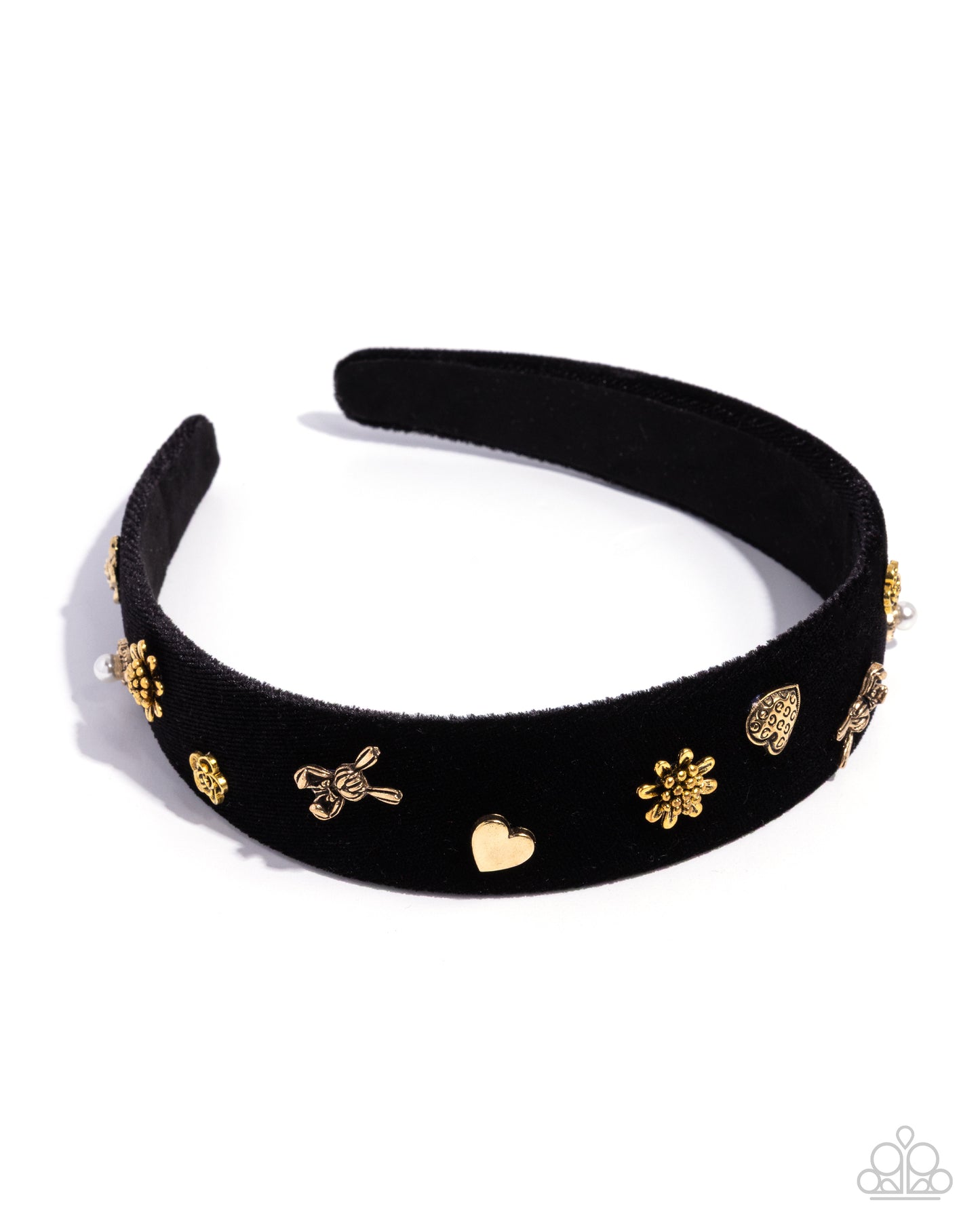 Black headband with gold decorative elements on a white background