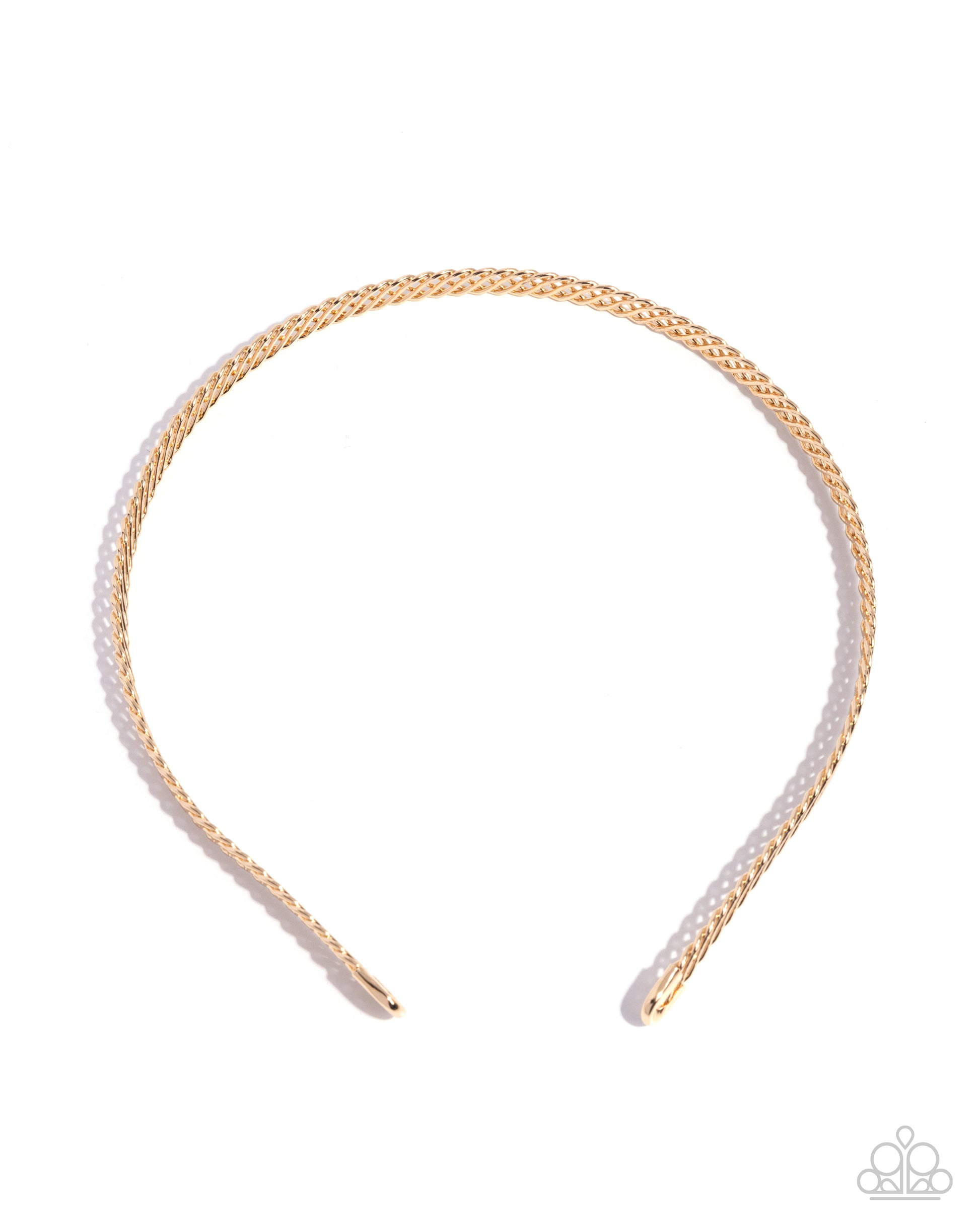 Gold headband with white beads on a white background