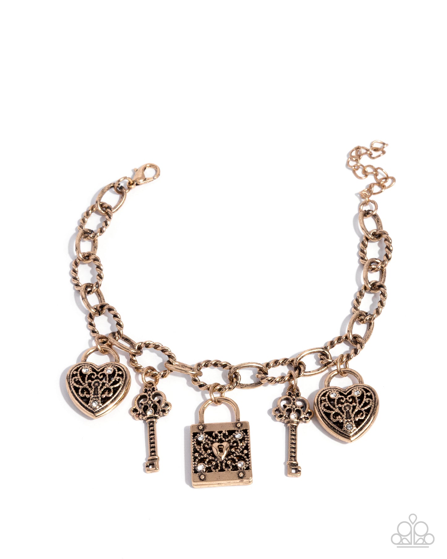 Gold bracelet with heart, key, and lock charms on a white background