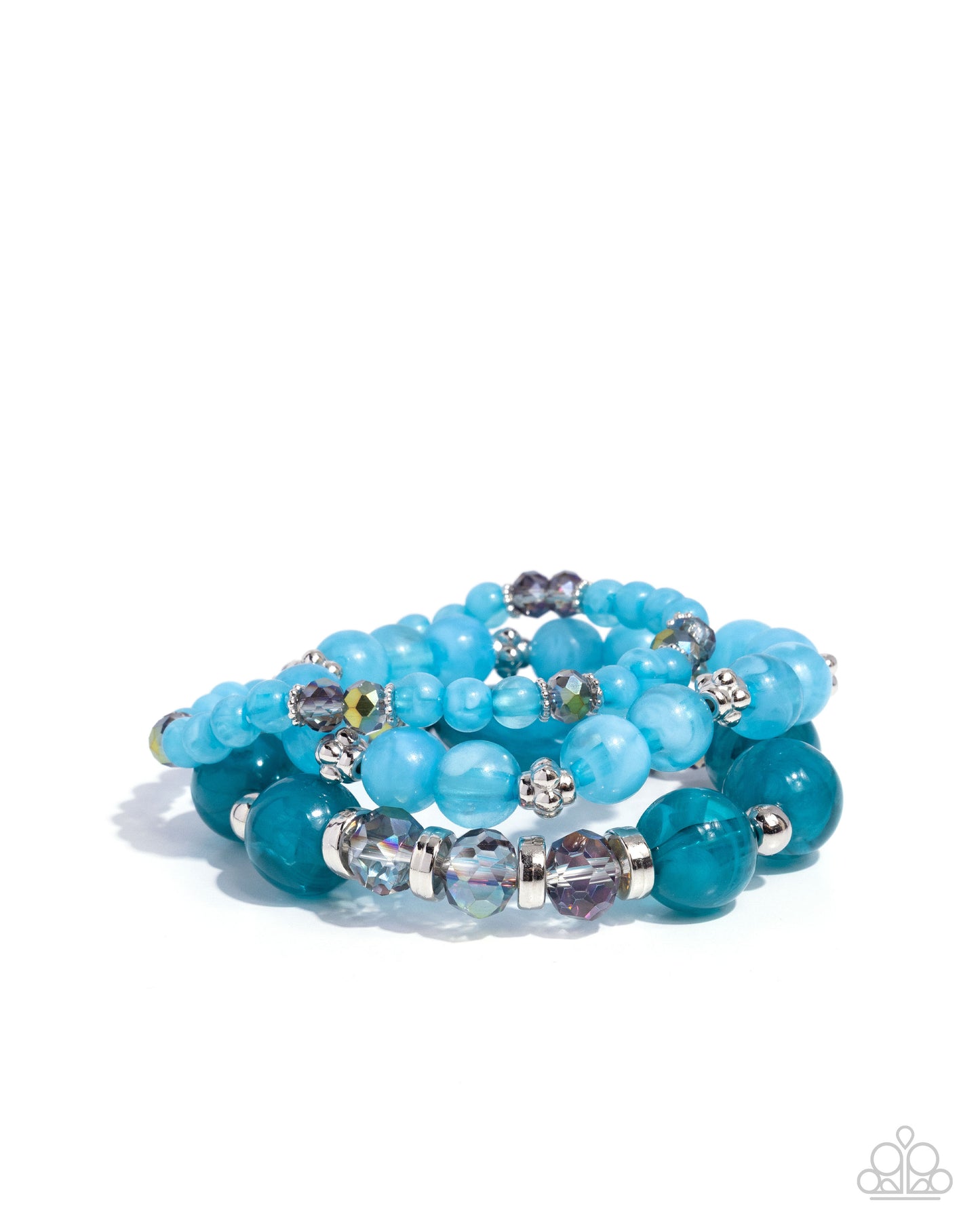 Turquoise beaded bracelet with silver accents on a white background