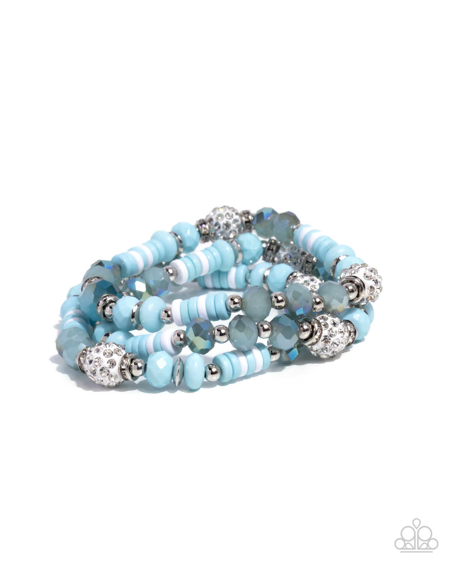Stack of blue beaded bracelets with silver accents on a white background