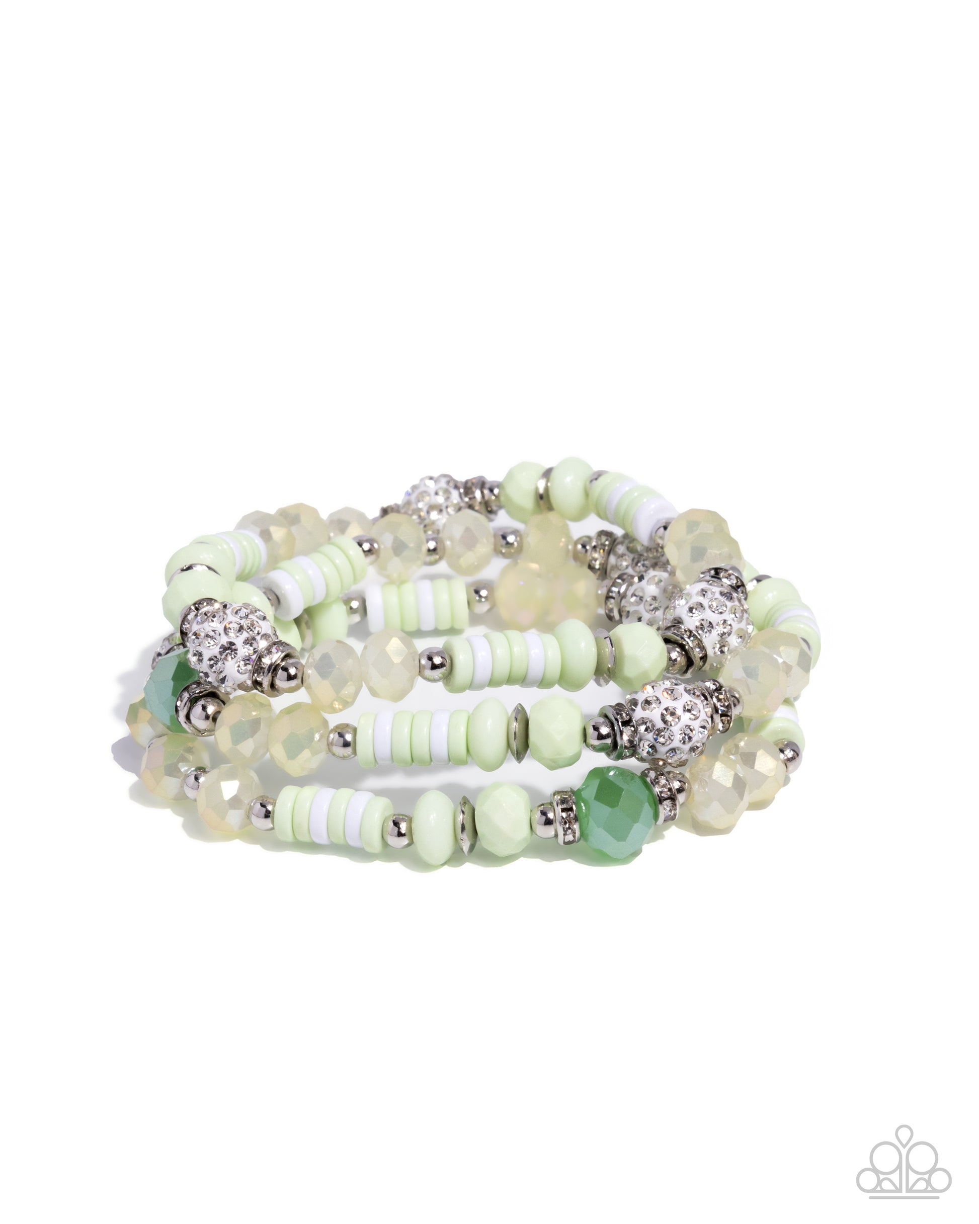 Stack of light green beaded bracelets on a white background