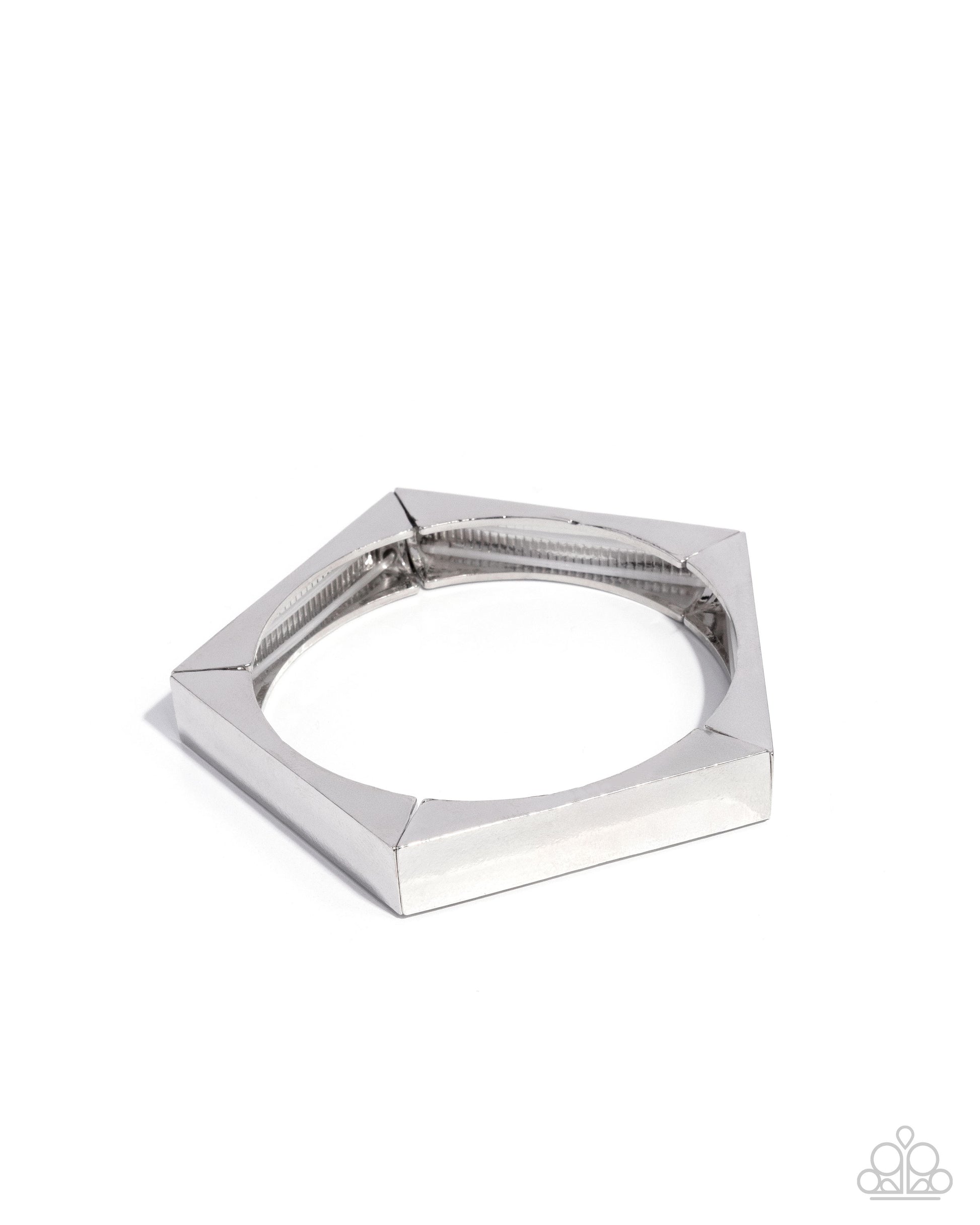 Silver geometric bracelet on a white background