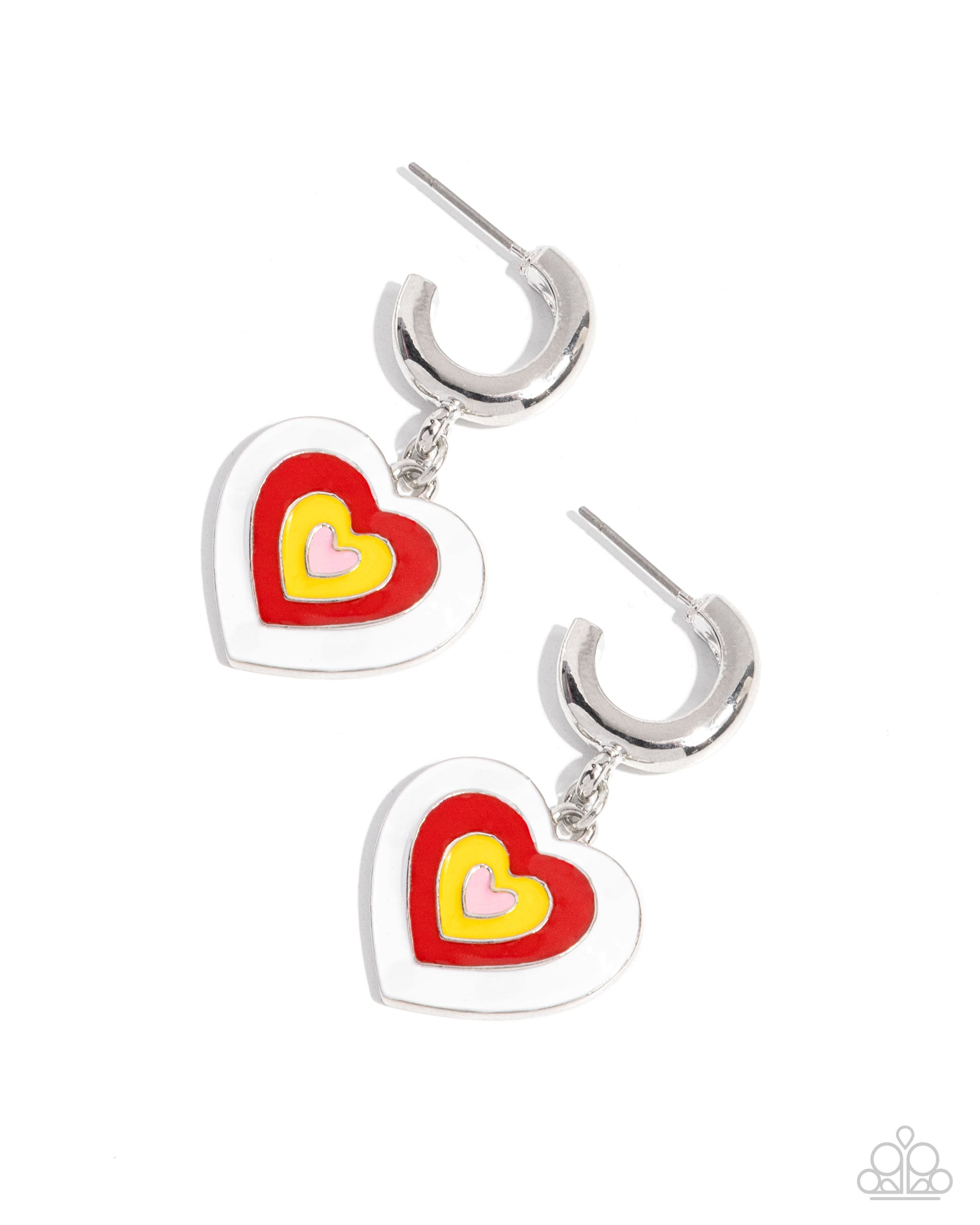 Pair of heart-shaped earrings with colorful centers on a white background