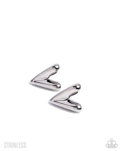 Pair of silver V-shaped earrings on a white background